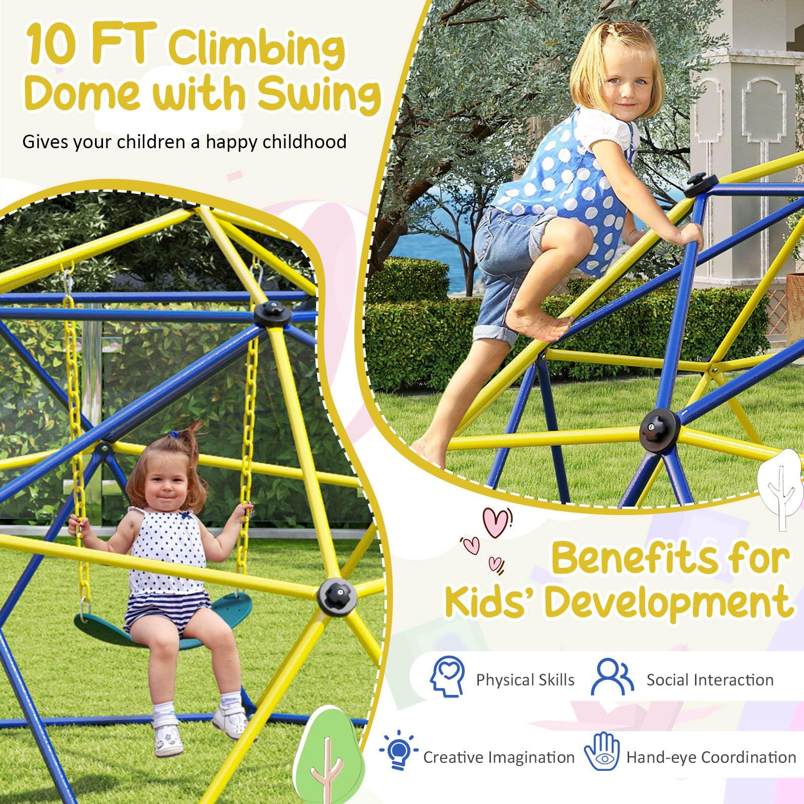 Climbing Dome with Swing, 10FT Kids Jungle Gym Monkey Bar Climbing Toys for Outdoor, Holds up to 363 KG - Image 3