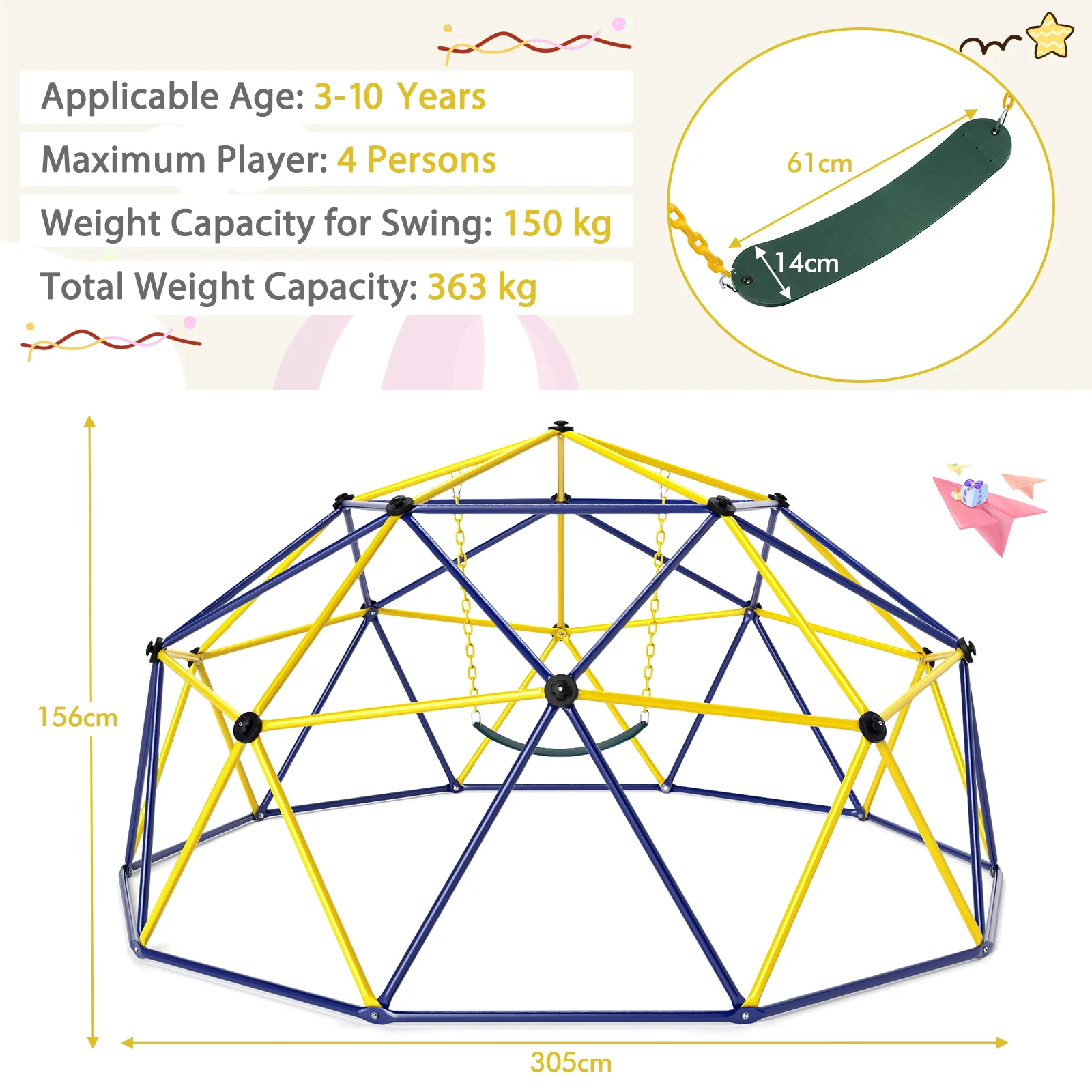 Climbing Dome with Swing, 10FT Kids Jungle Gym Monkey Bar Climbing Toys for Outdoor, Holds up to 363 KG - Image 7