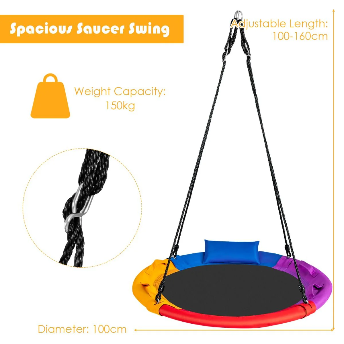 Colorful Saucer Tree Swing Outdoor Round Platform Swing with Pillow for Kids - Image 8