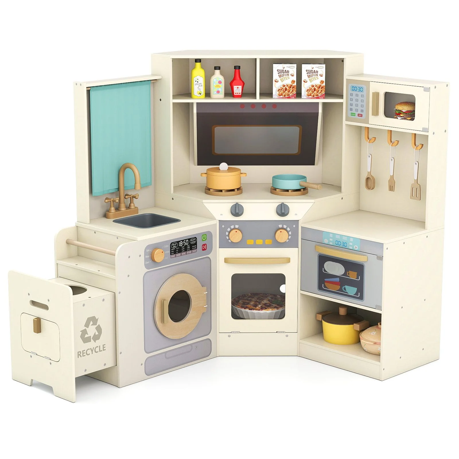 Corner Kitchen with Pull-out Trash Can and Cooking Accessories
