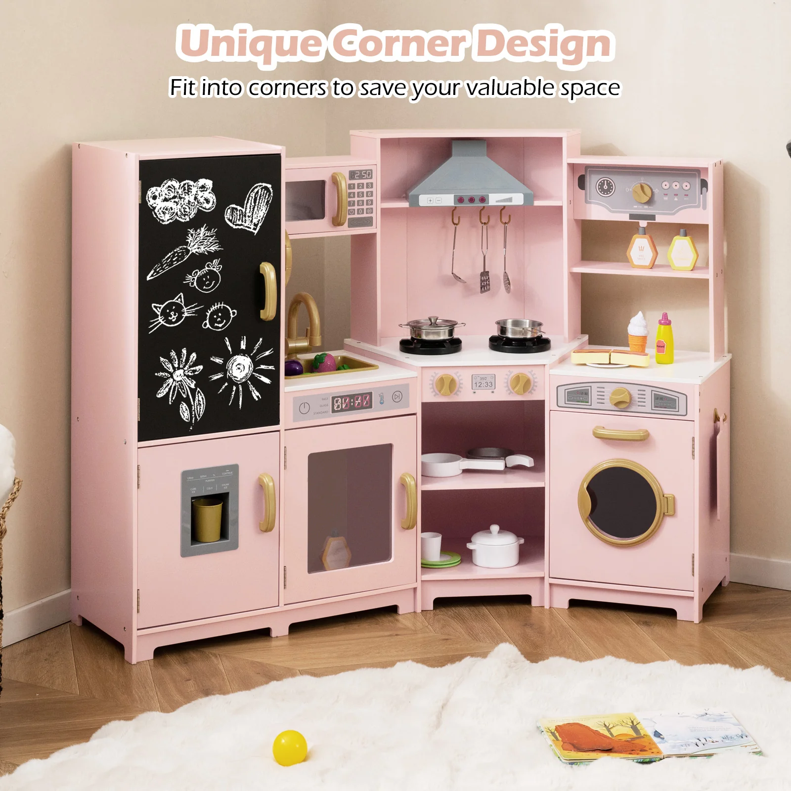 Corner Wooden Play Kitchen, Toy Kitchen Playset with Storage for Children 3+ Years Old - Image 10