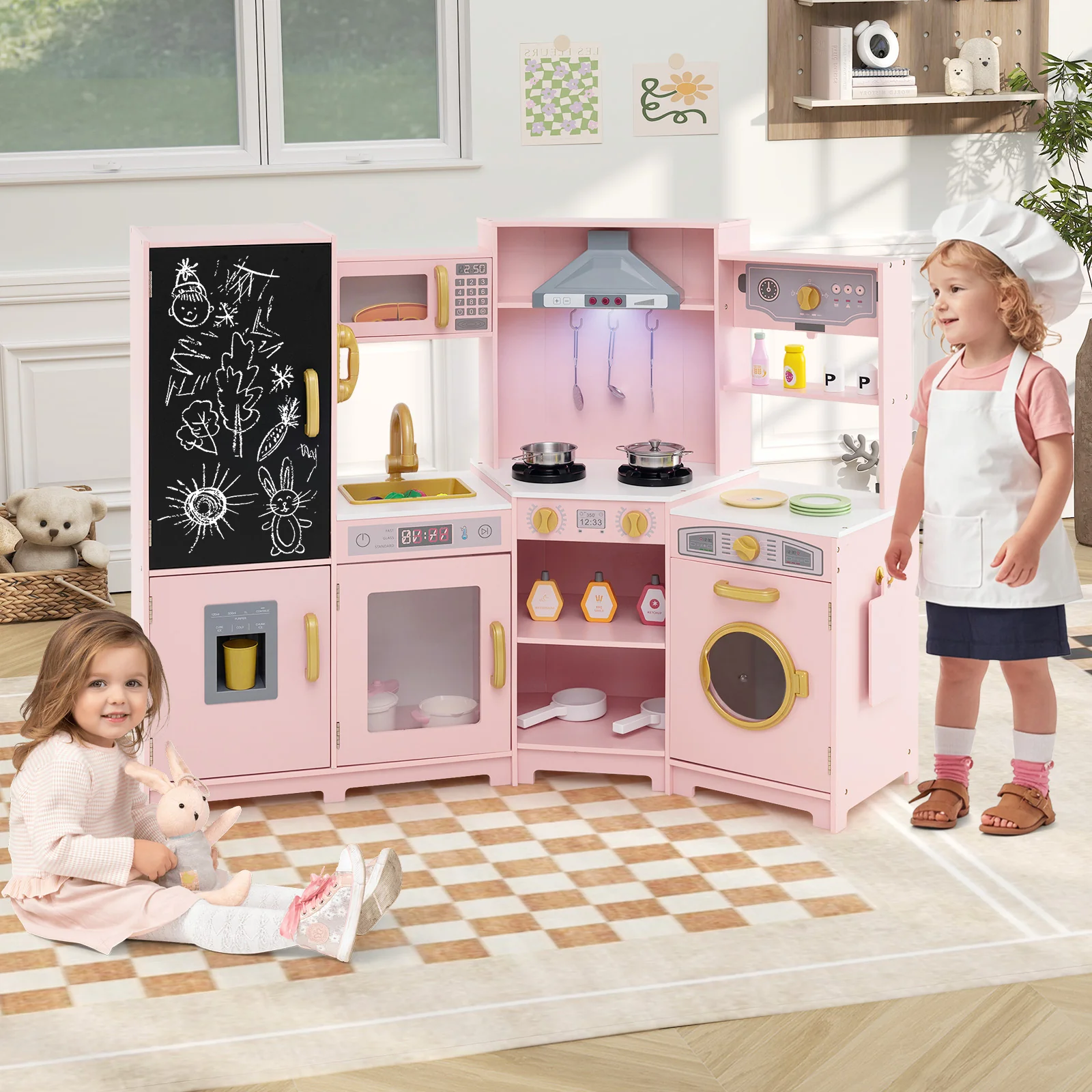 Corner Wooden Play Kitchen, Toy Kitchen Playset with Storage for Children 3+ Years Old - Image 2