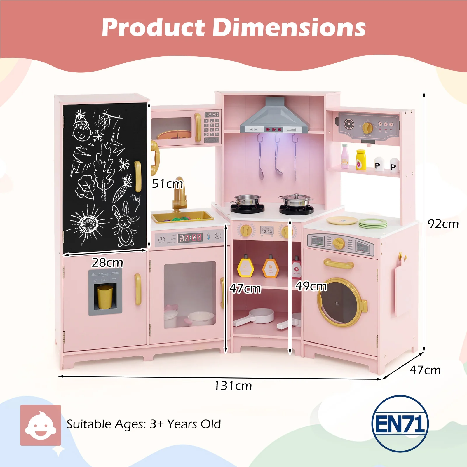 Corner Wooden Play Kitchen, Toy Kitchen Playset with Storage for Children 3+ Years Old - Image 3
