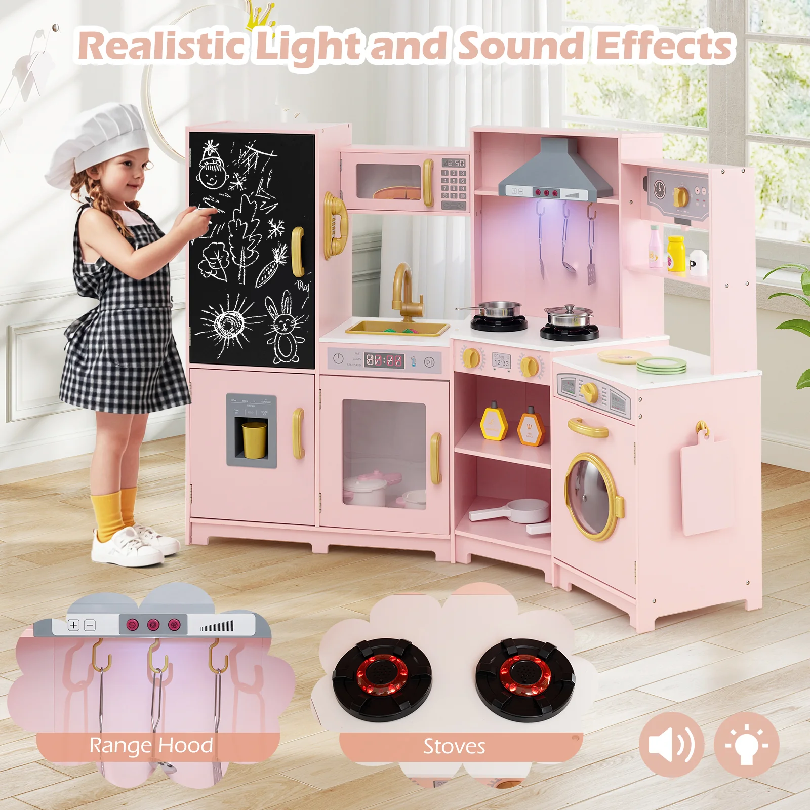 Corner Wooden Play Kitchen, Toy Kitchen Playset with Storage for Children 3+ Years Old - Image 4