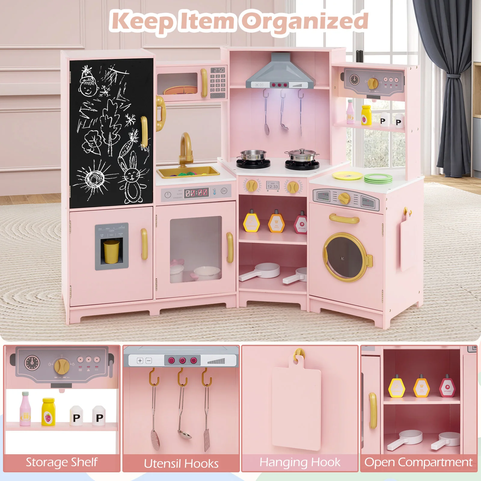 Corner Wooden Play Kitchen, Toy Kitchen Playset with Storage for Children 3+ Years Old - Image 7