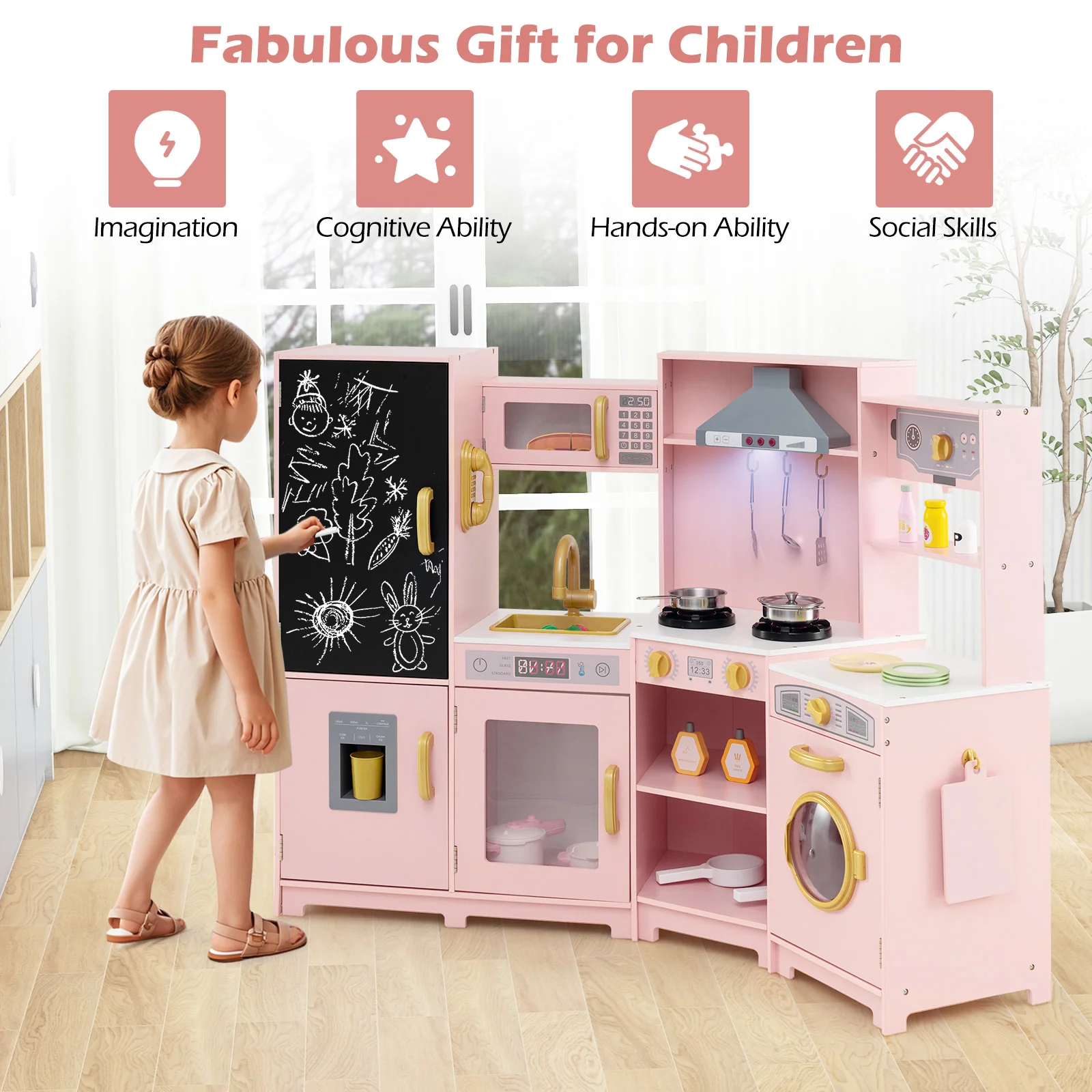 Corner Wooden Play Kitchen, Toy Kitchen Playset with Storage for Children 3+ Years Old - Image 9