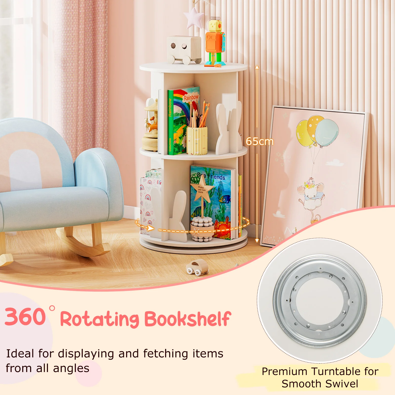 Kids Rotating Bookshelf, Cute 2-tier Kids Bookcase with Bookends & 8 Compartments - Image 14