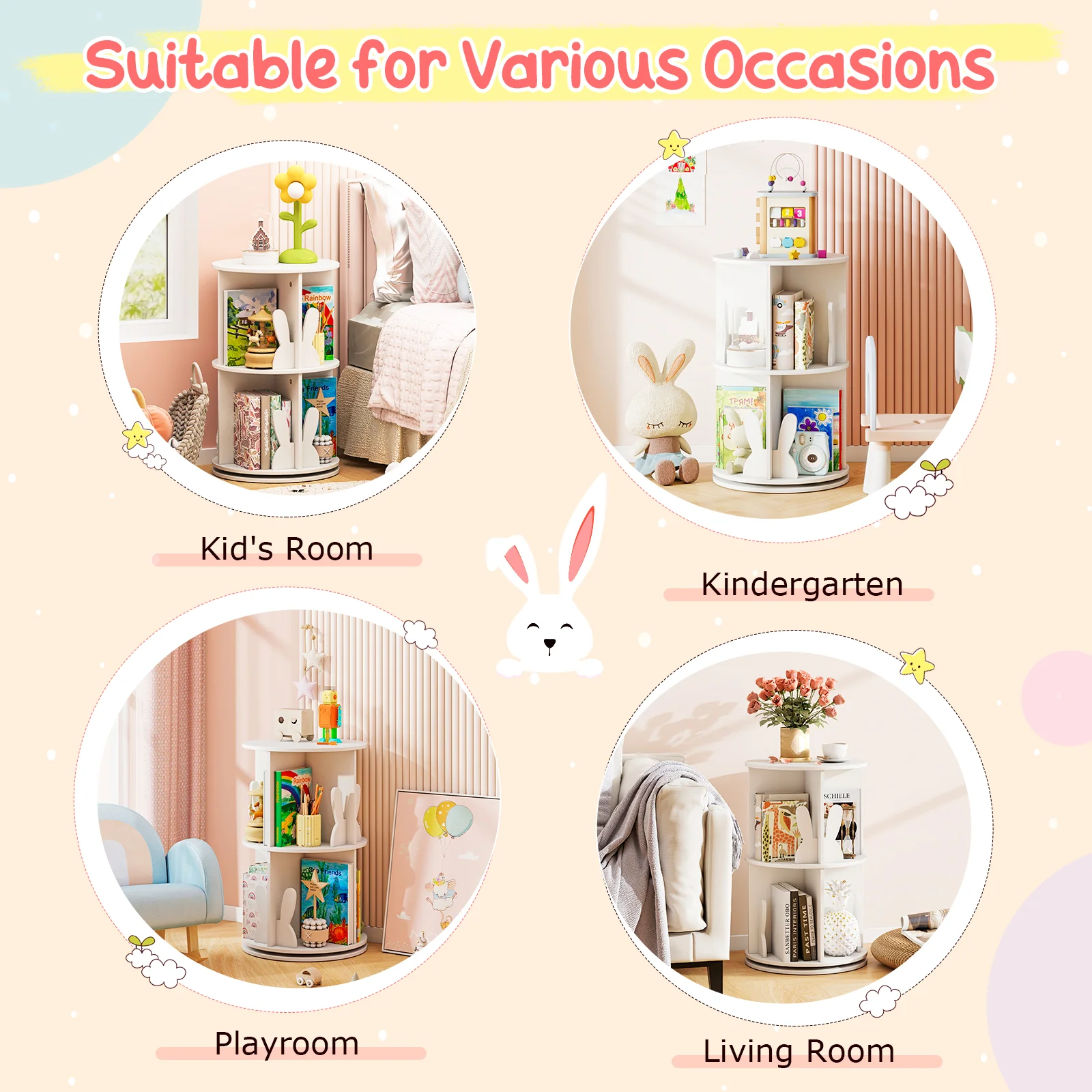 Kids Rotating Bookshelf, Cute 2-tier Kids Bookcase with Bookends & 8 Compartments - Image 16