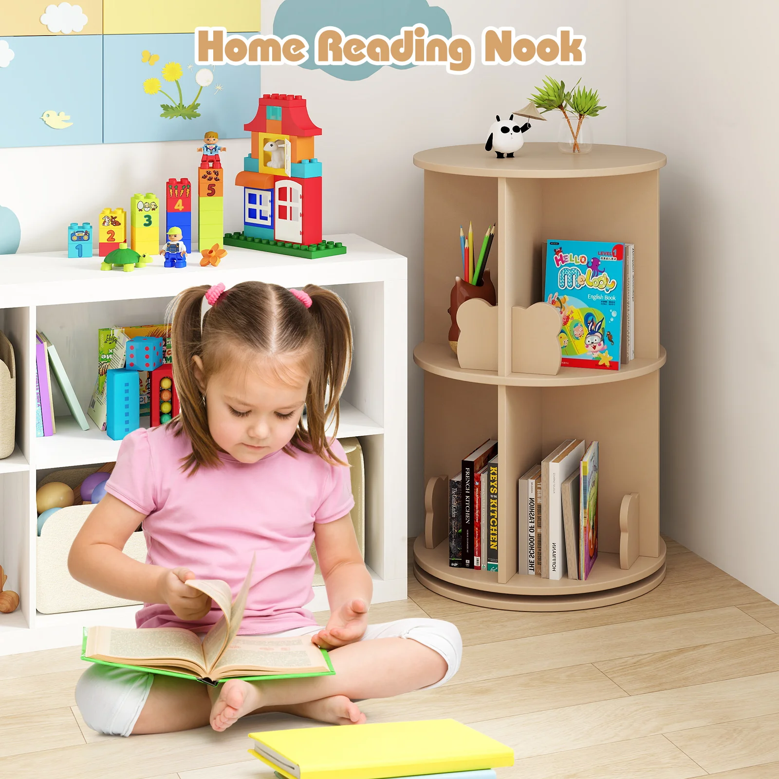 Kids Rotating Bookshelf, Cute 2-tier Kids Bookcase with Bookends & 8 Compartments - Image 3