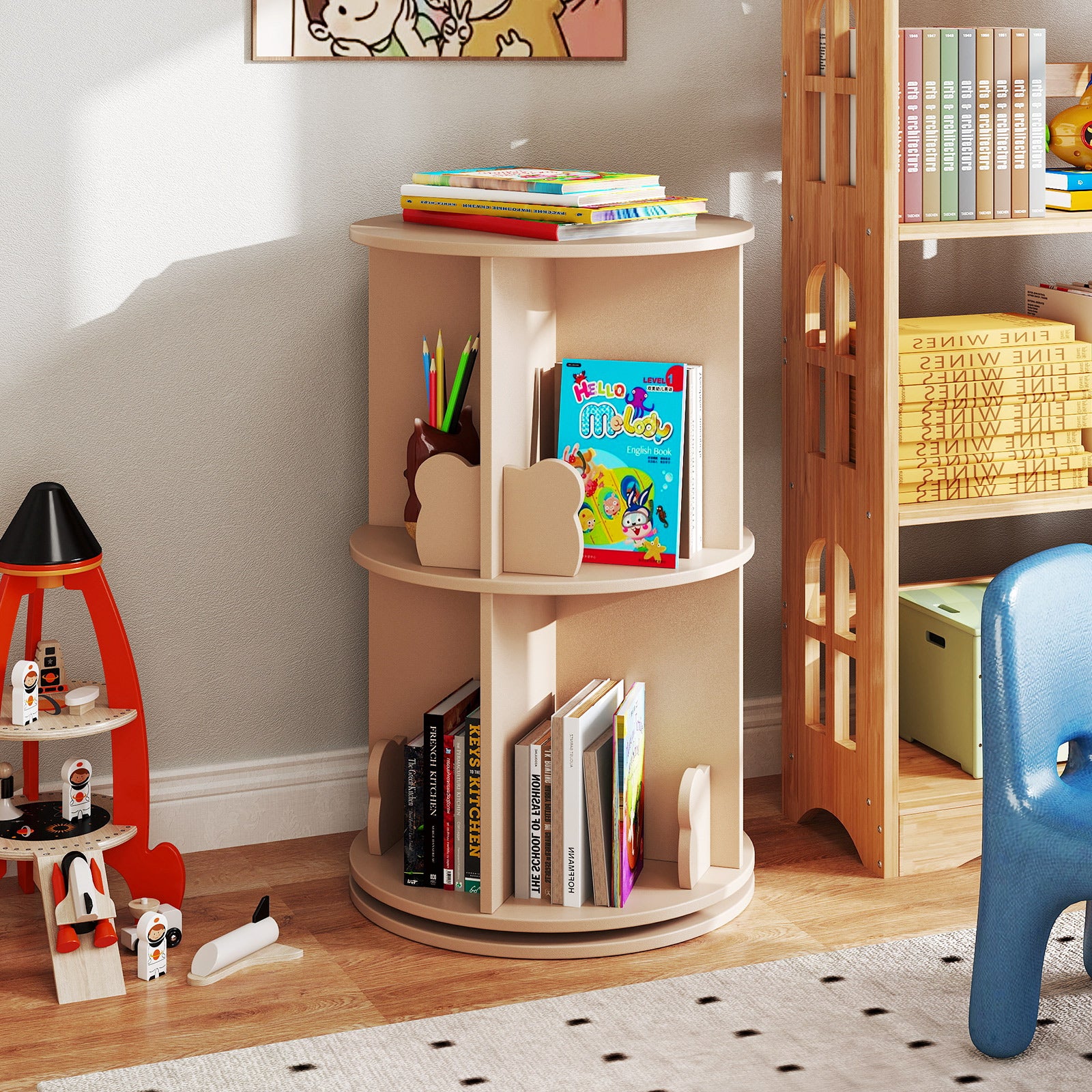 Kids Rotating Bookshelf, Cute 2-tier Kids Bookcase with Bookends & 8 Compartments - Image 4