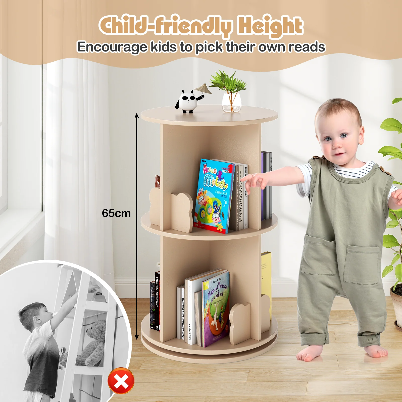 Kids Rotating Bookshelf, Cute 2-tier Kids Bookcase with Bookends & 8 Compartments - Image 5