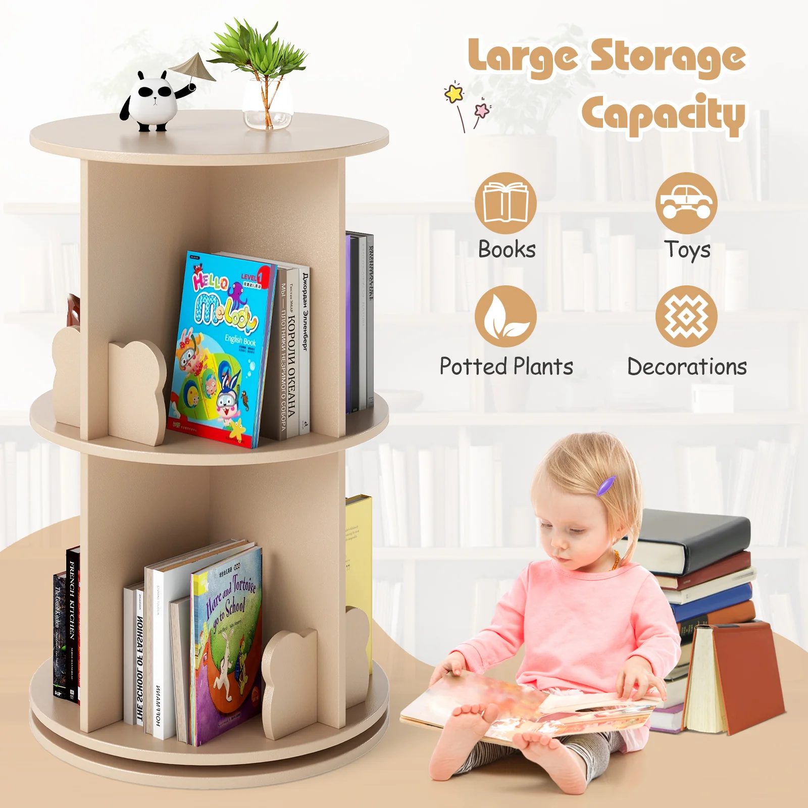 Kids Rotating Bookshelf, Cute 2-tier Kids Bookcase with Bookends & 8 Compartments - Image 6