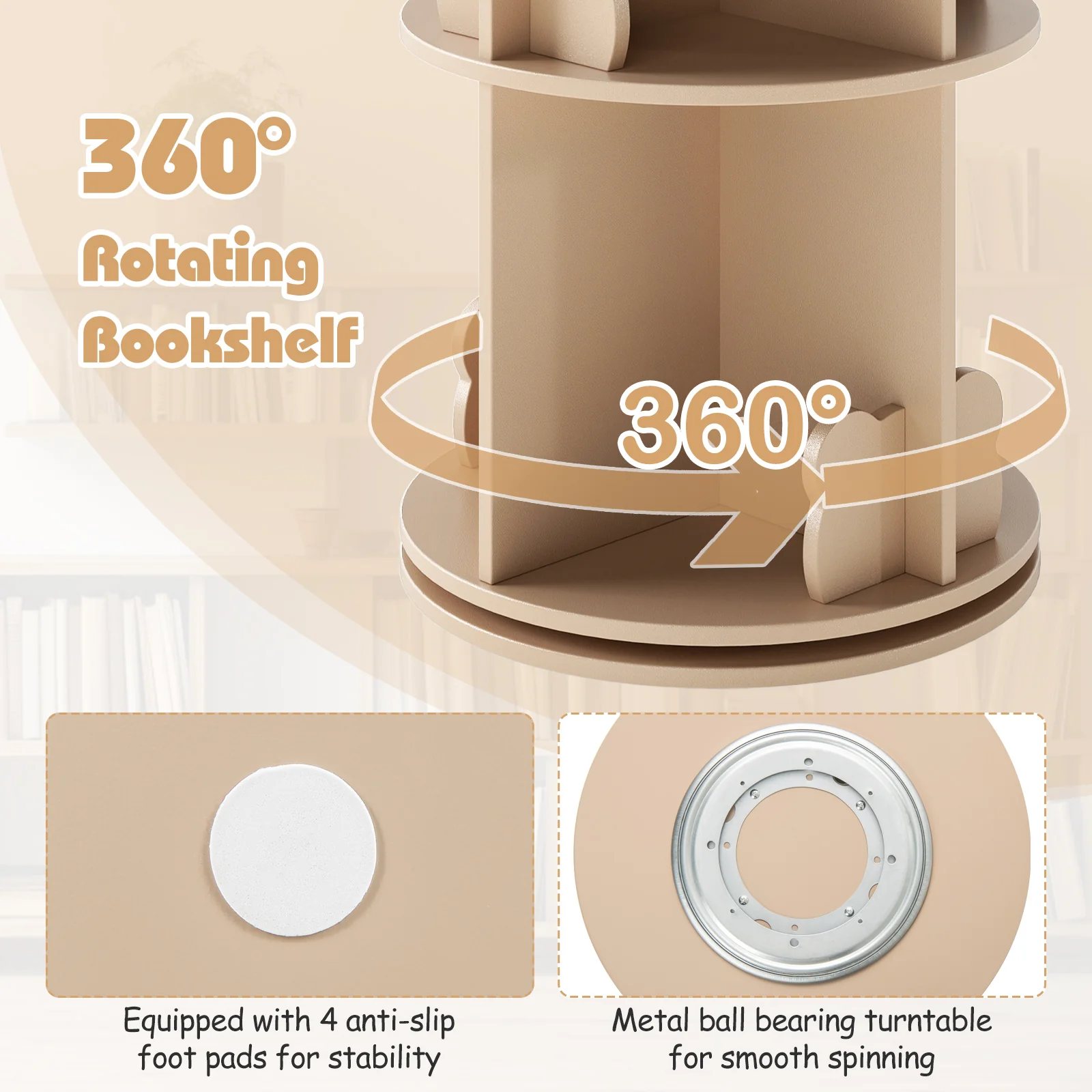 Kids Rotating Bookshelf, Cute 2-tier Kids Bookcase with Bookends & 8 Compartments - Image 7