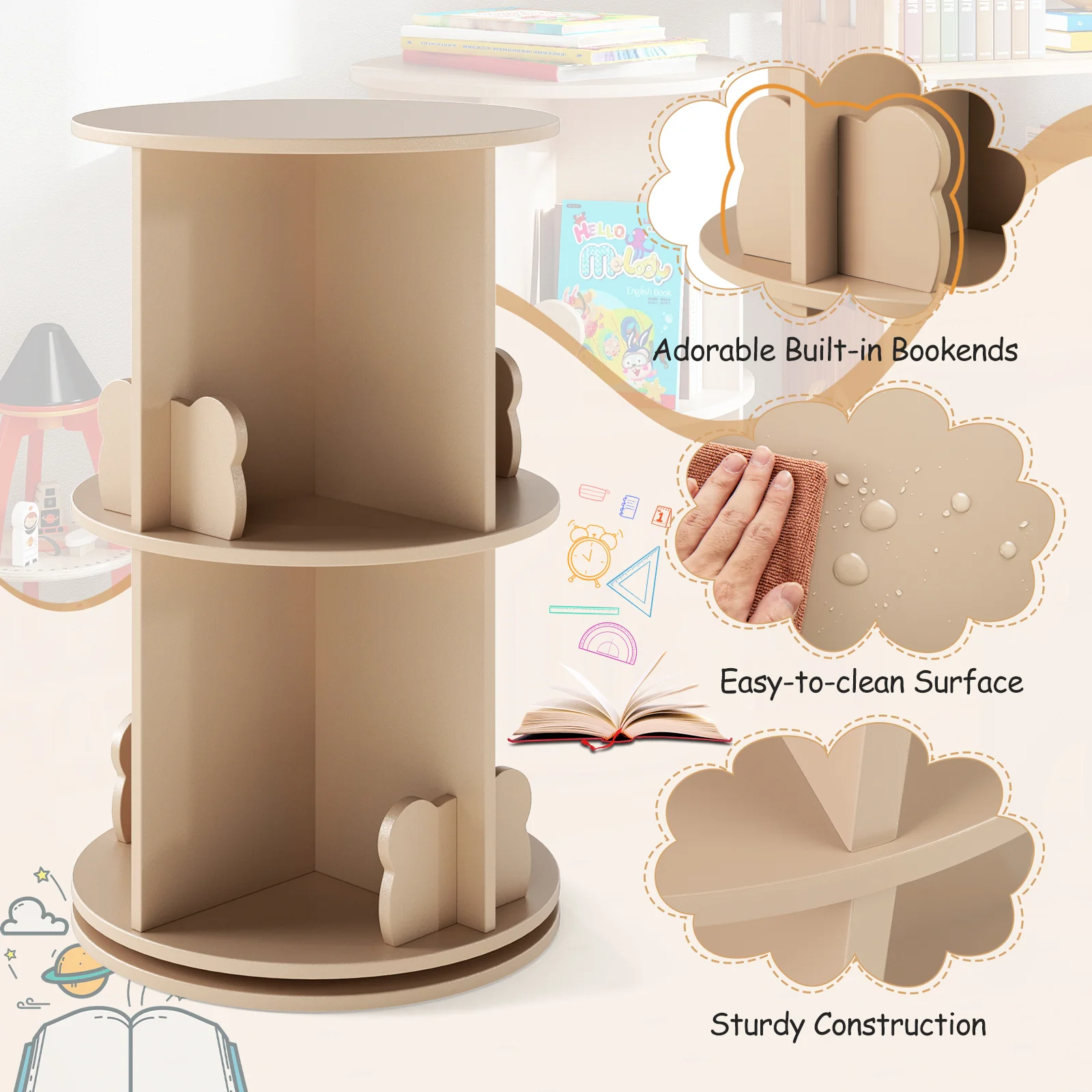 Kids Rotating Bookshelf, Cute 2-tier Kids Bookcase with Bookends & 8 Compartments - Image 8