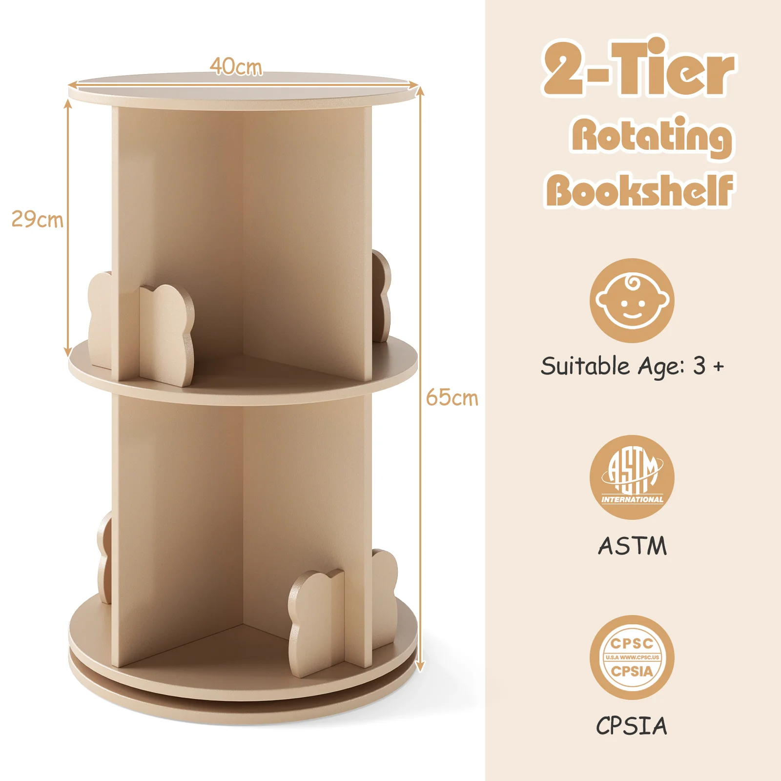 Kids Rotating Bookshelf, Cute 2-tier Kids Bookcase with Bookends & 8 Compartments - Image 9