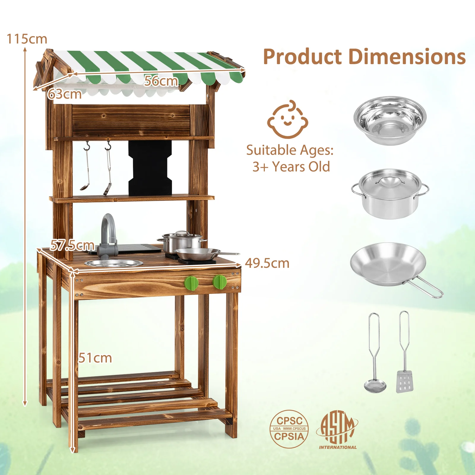 Double-Sided Mud Kitchen, Wooden Barbecue Grill Playset - Image 10