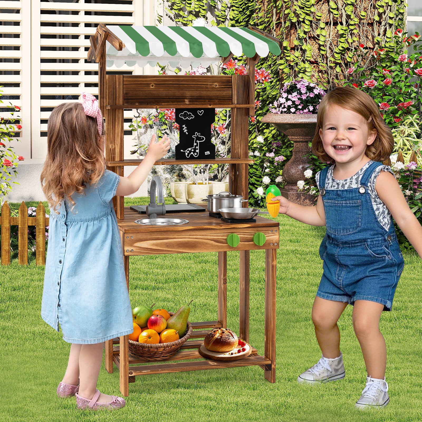 Double-Sided Mud Kitchen, Wooden Barbecue Grill Playset - Image 2