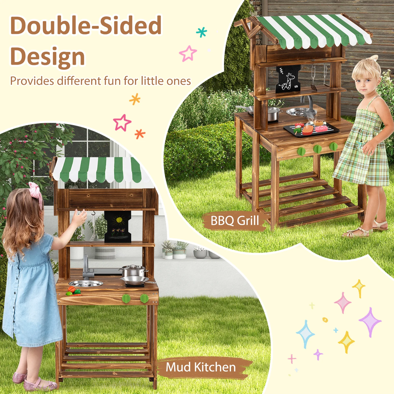 Double-Sided Mud Kitchen, Wooden Barbecue Grill Playset - Image 4