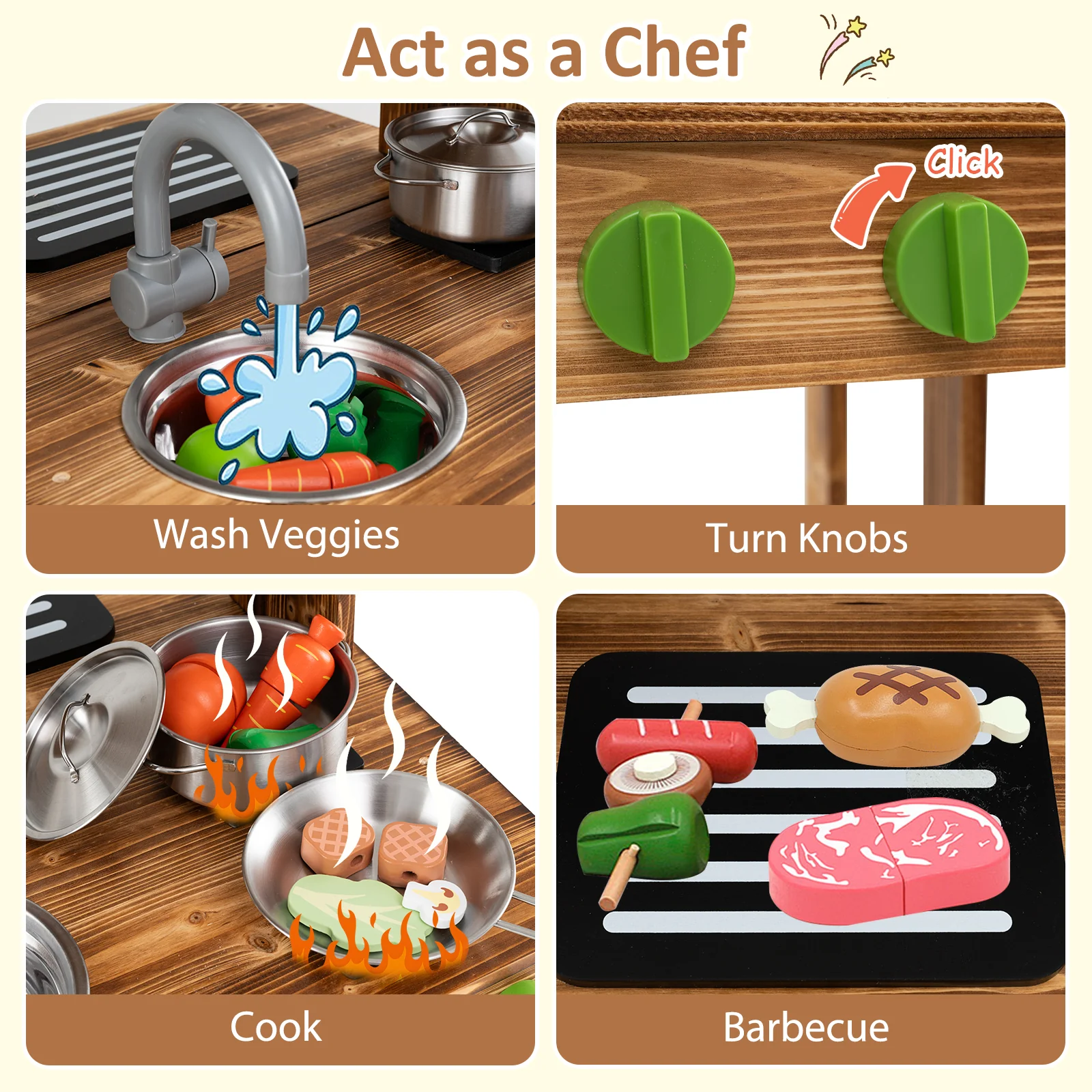 Double-Sided Mud Kitchen, Wooden Barbecue Grill Playset - Image 5