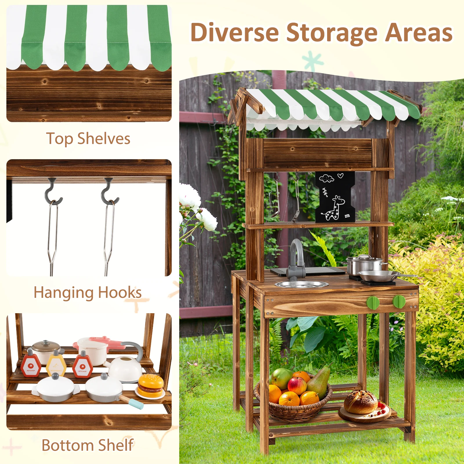 Double-Sided Mud Kitchen, Wooden Barbecue Grill Playset - Image 6