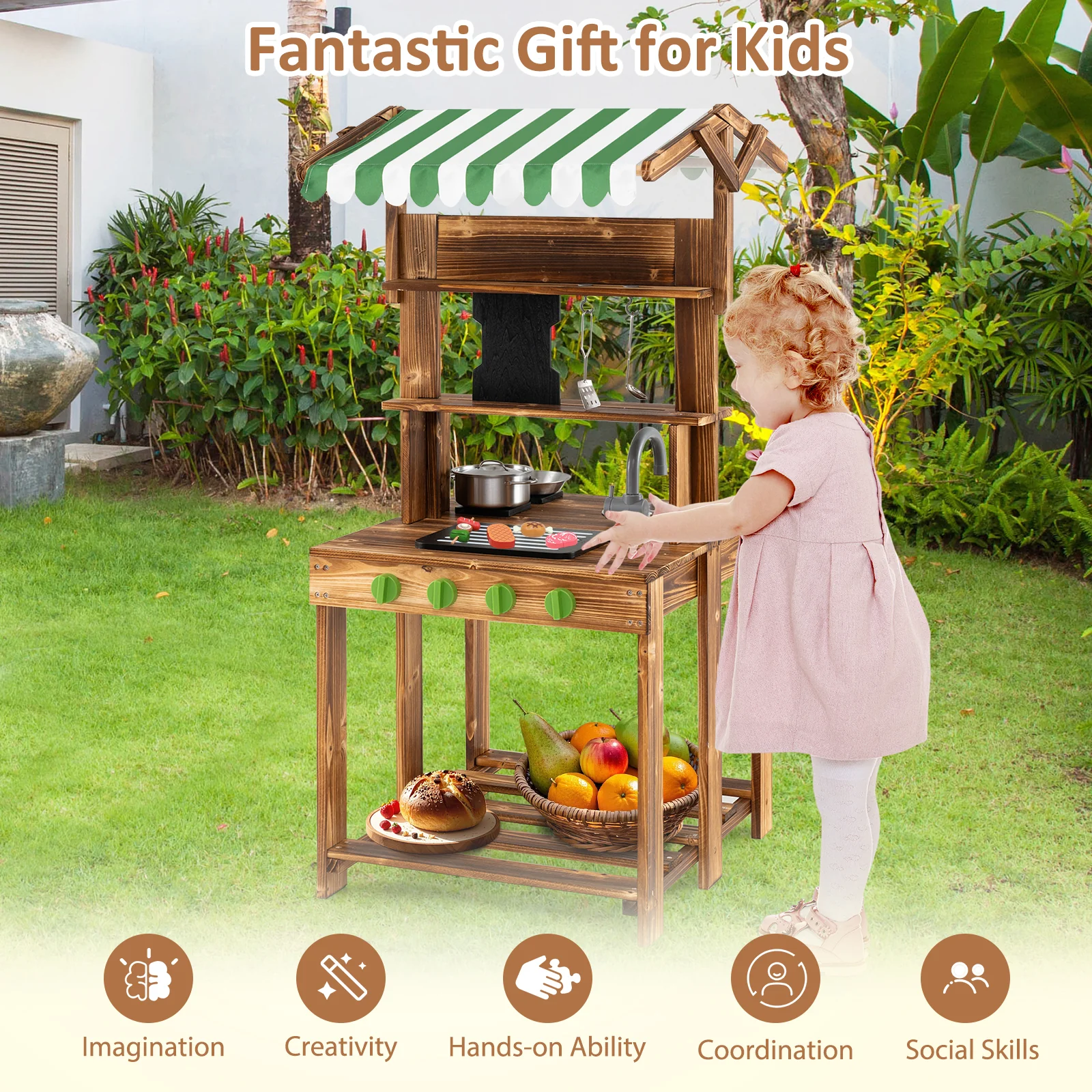 Double-Sided Mud Kitchen, Wooden Barbecue Grill Playset - Image 7