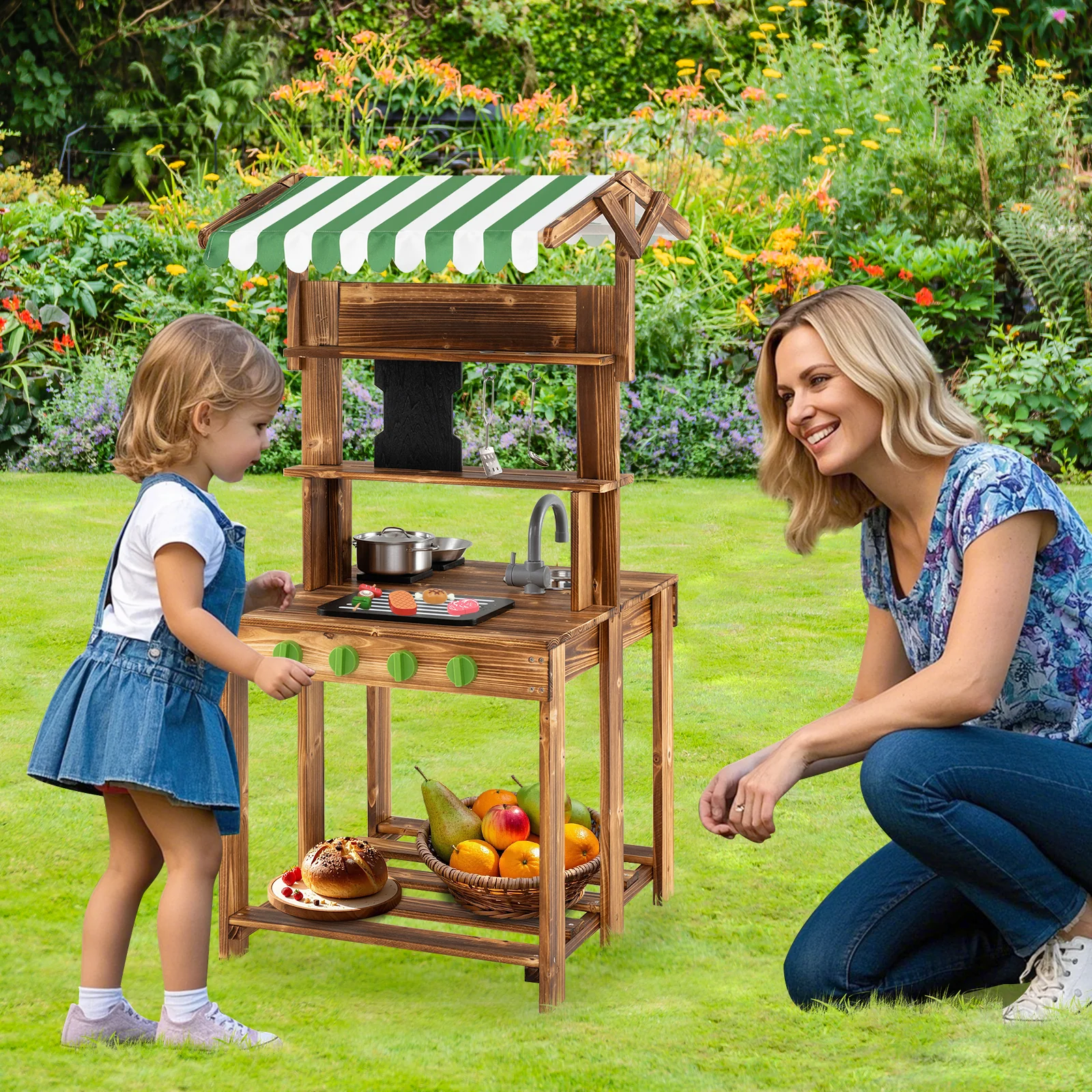 Double-Sided Mud Kitchen, Wooden Barbecue Grill Playset - Image 9