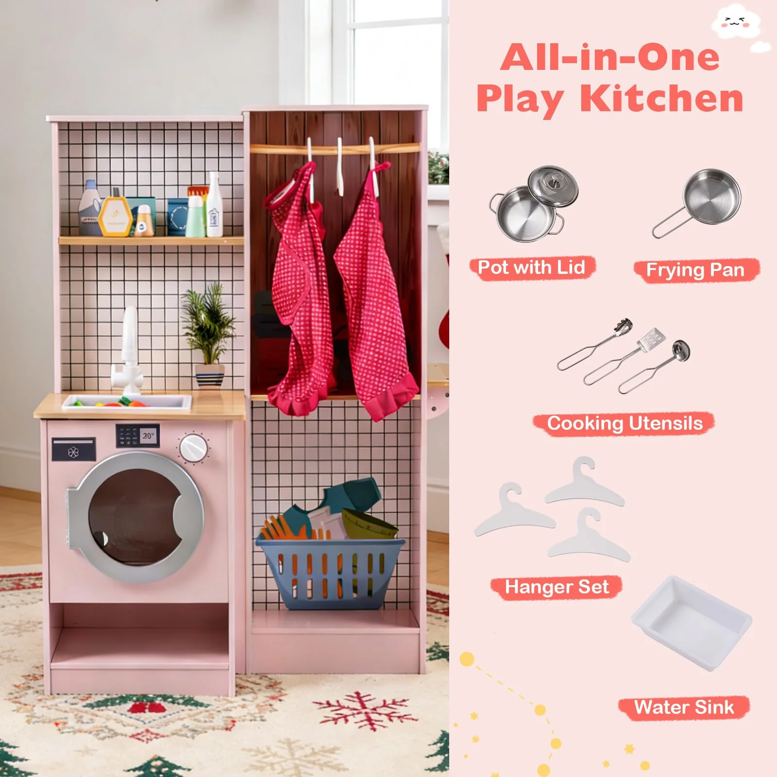 Dual-Sided Kids Play Kitchen, Wooden Kitchen Playset - Image 6