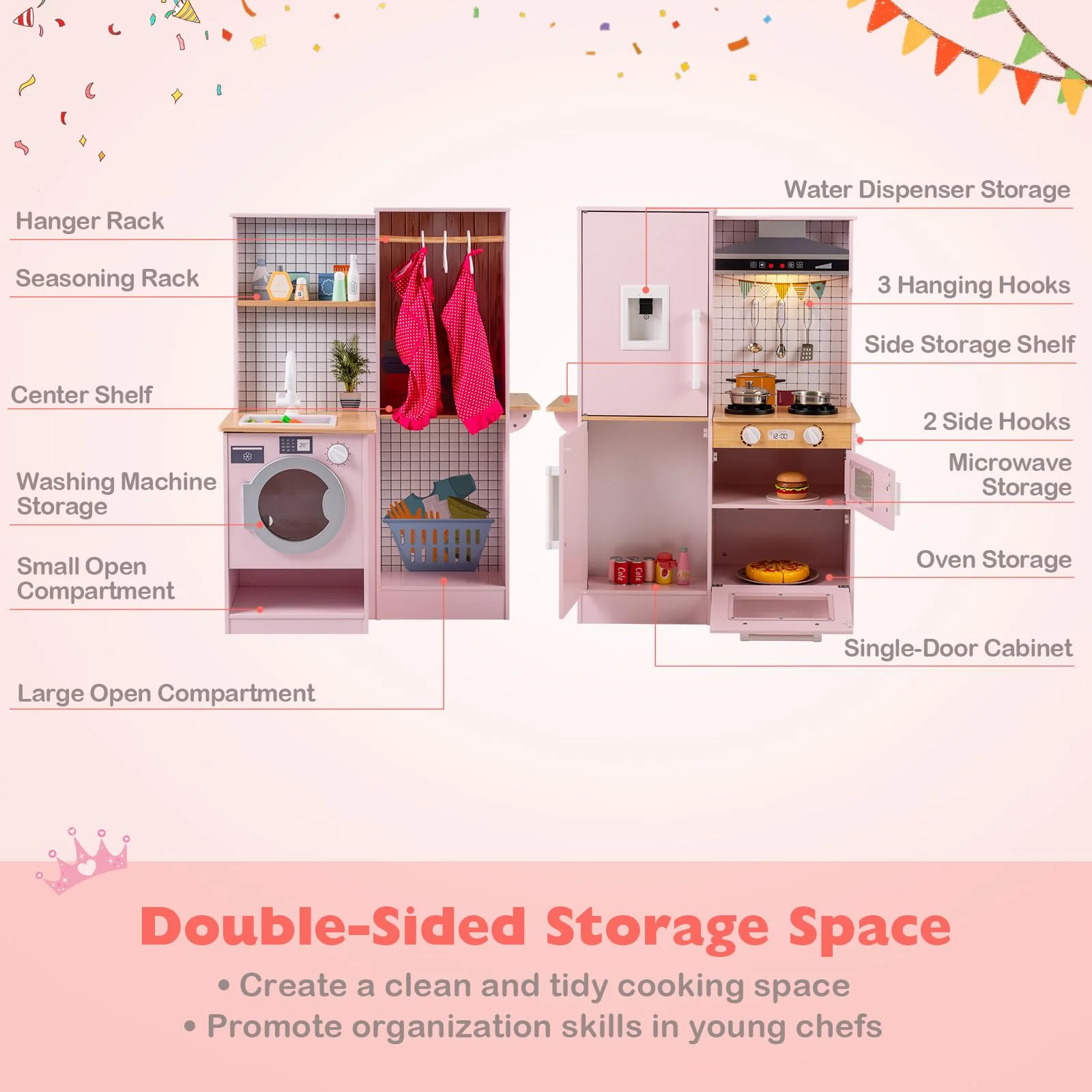 Dual-Sided Kids Play Kitchen, Wooden Kitchen Playset - Image 7