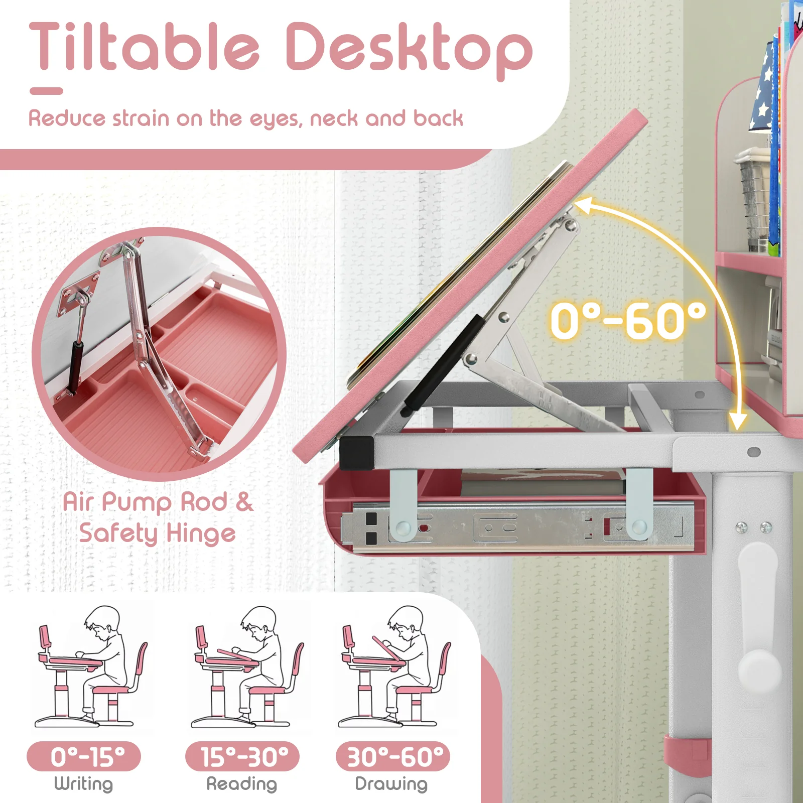 Height Adjustable Children School Study Desk with Tilt Desktop and Storage Drawer - Image 3