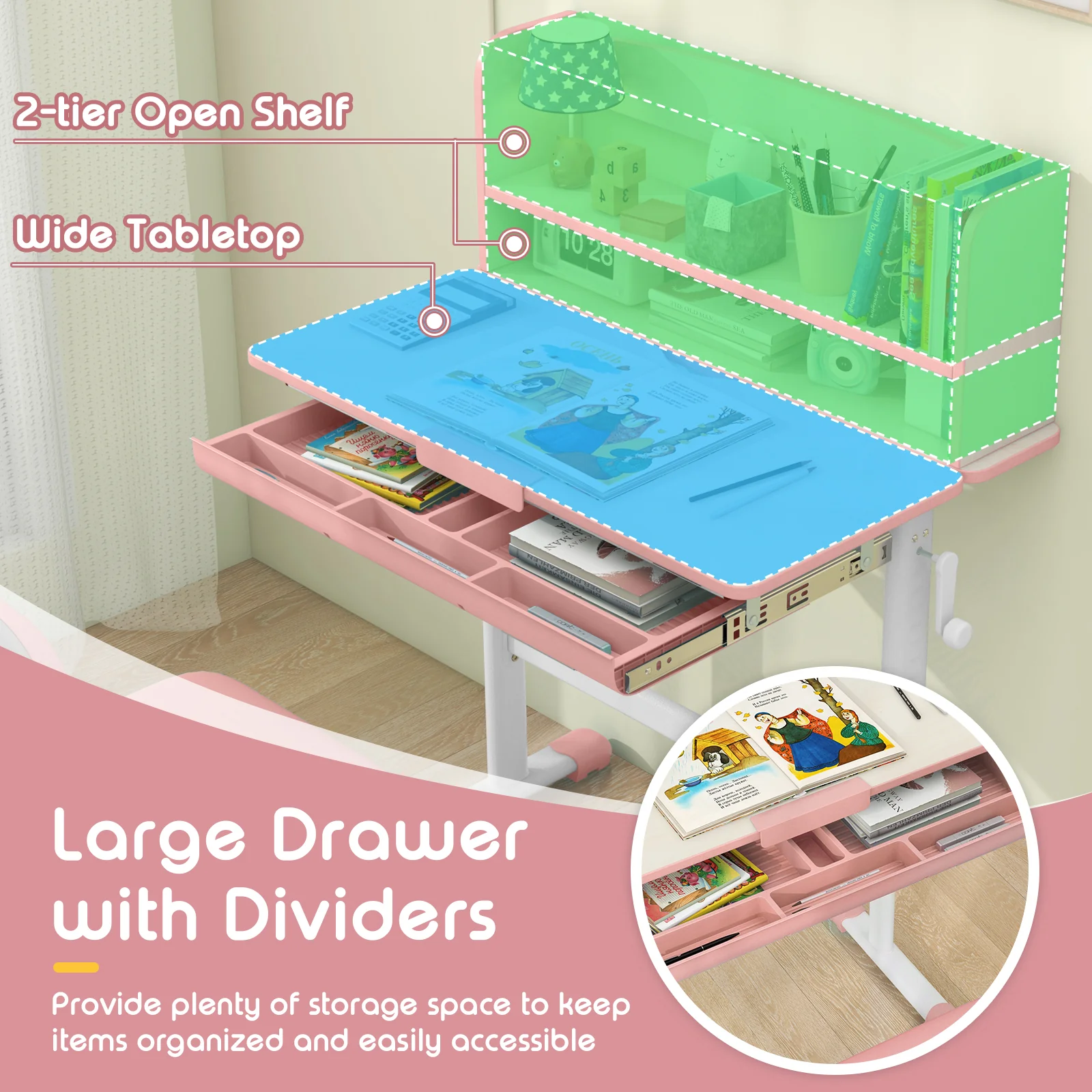 Height Adjustable Children School Study Desk with Tilt Desktop and Storage Drawer - Image 4