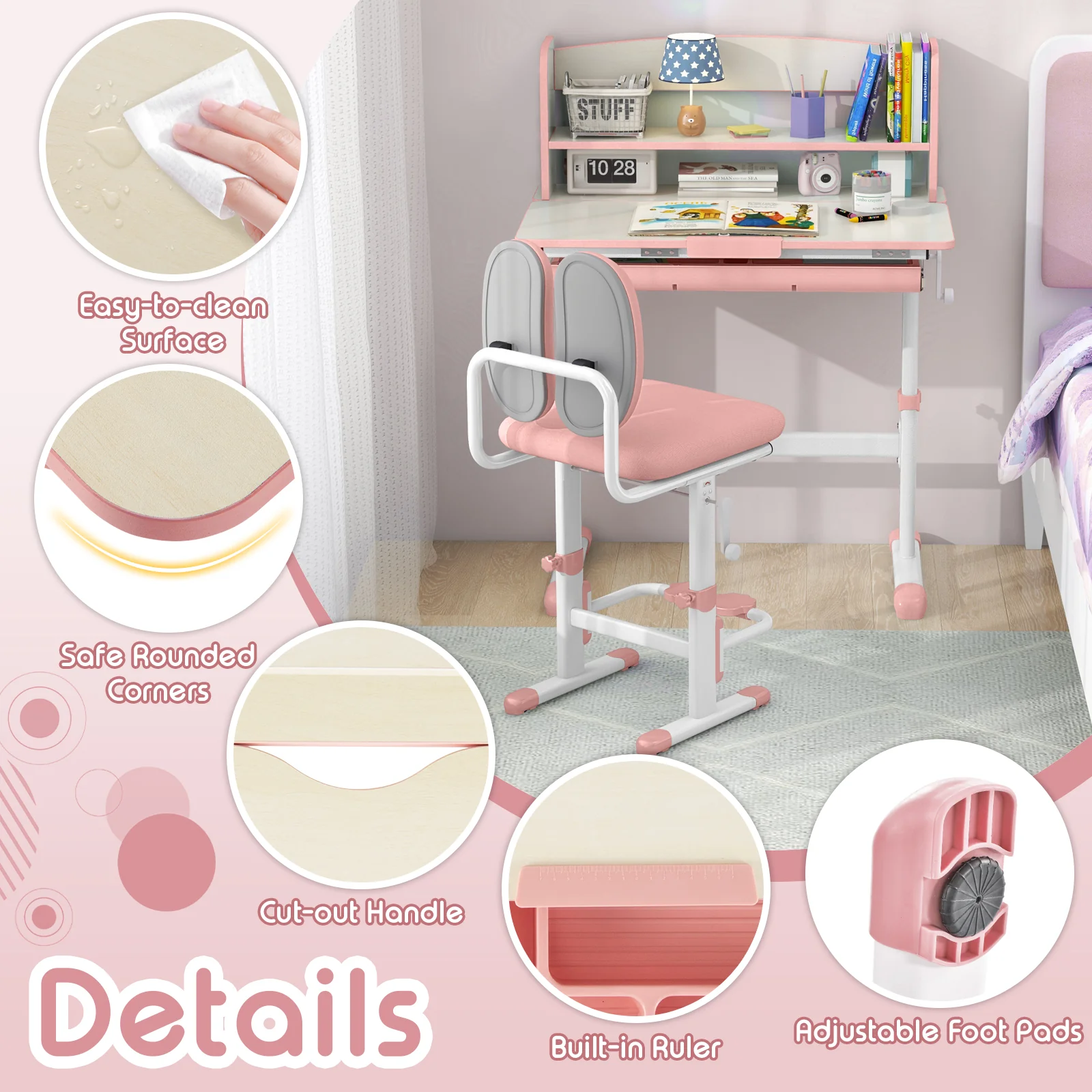 Height Adjustable Children School Study Desk with Tilt Desktop and Storage Drawer - Image 6