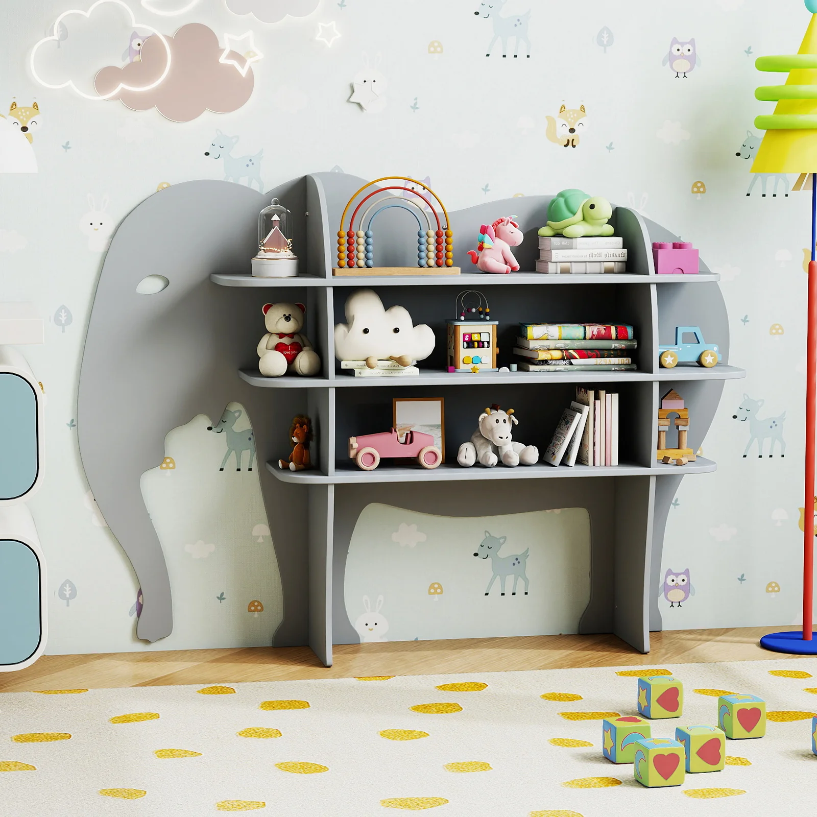 Elephant Kids Bookshelf, 3-Tier Toddler Bookcase for Toy Storage - Image 3