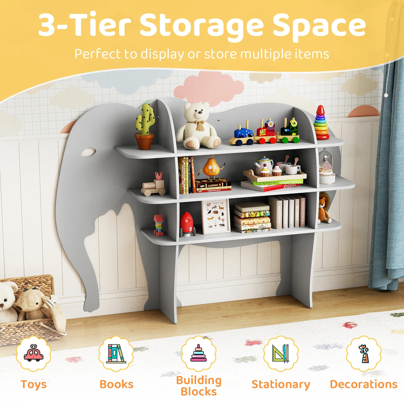 Elephant Kids Bookshelf, 3-Tier Toddler Bookcase for Toy Storage - Image 4