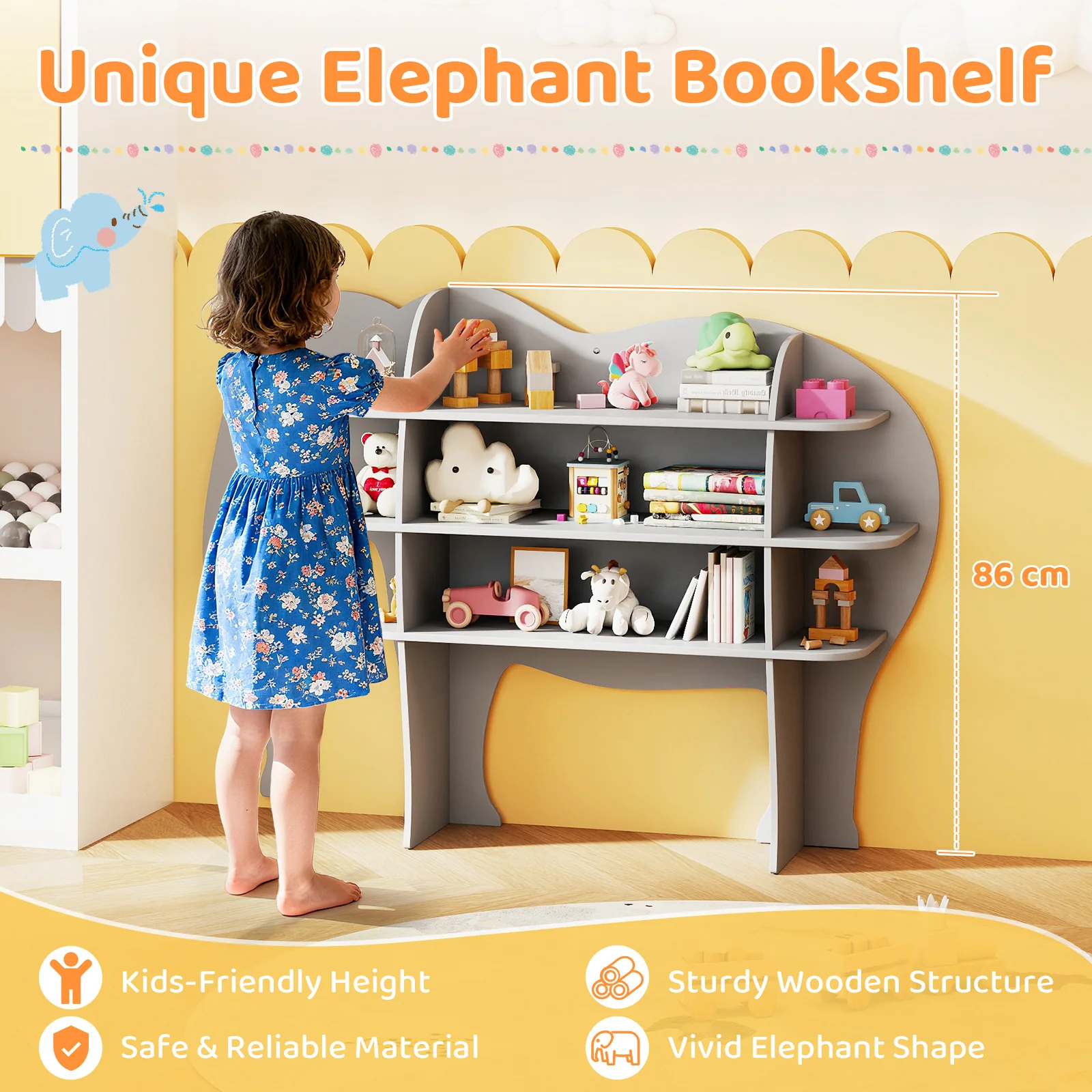Elephant Kids Bookshelf, 3-Tier Toddler Bookcase for Toy Storage - Image 6