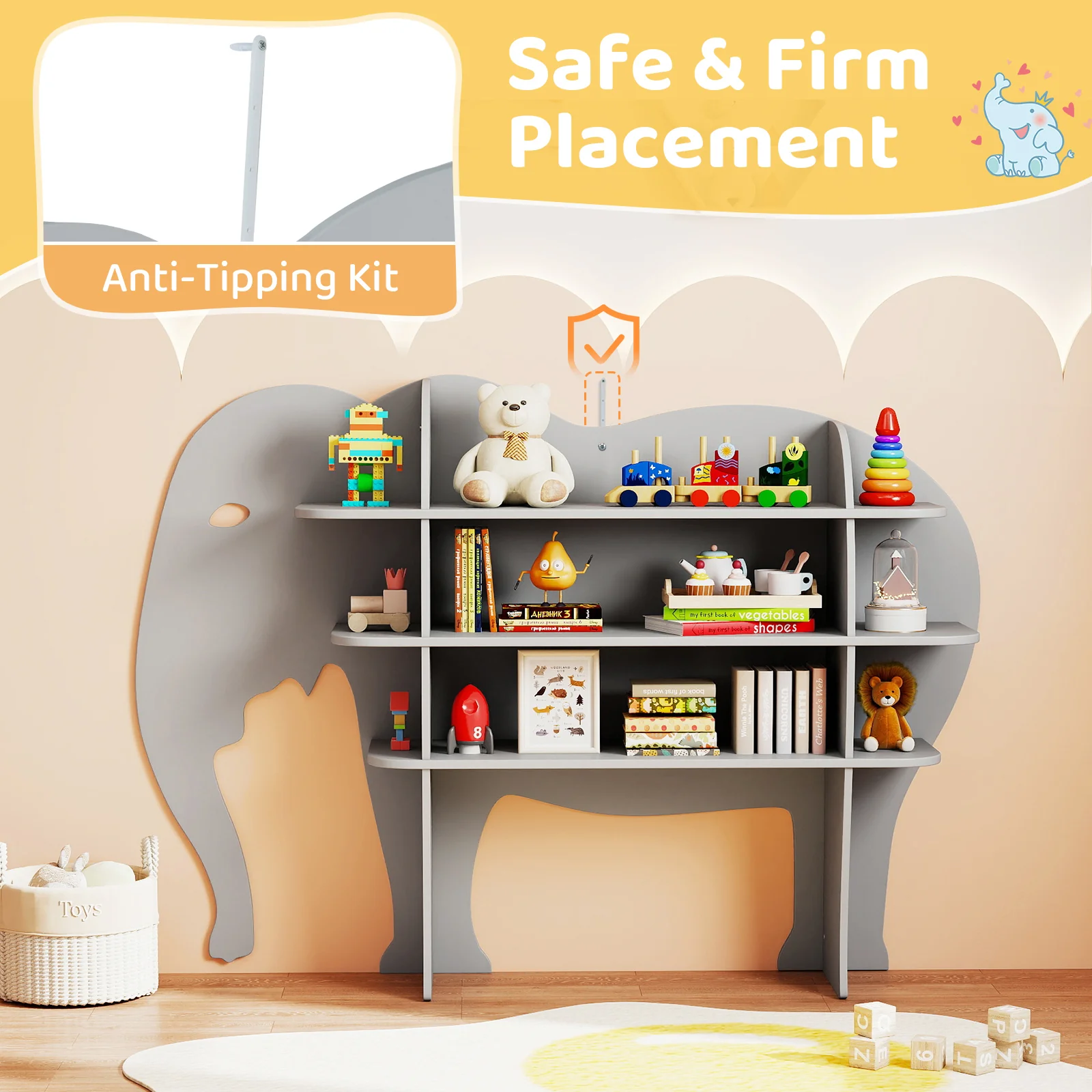 Elephant Kids Bookshelf, 3-Tier Toddler Bookcase for Toy Storage - Image 7