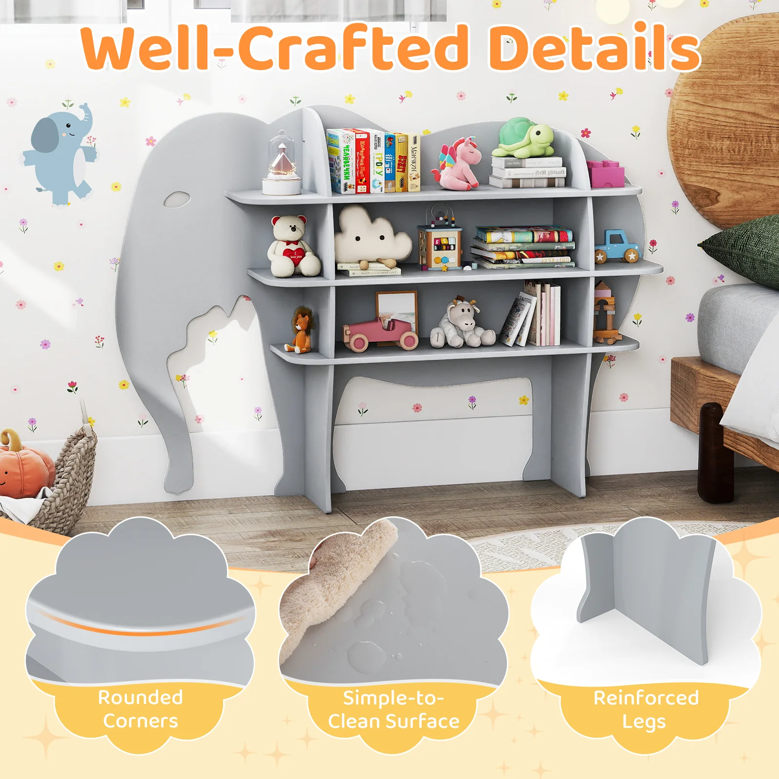 Elephant Kids Bookshelf, 3-Tier Toddler Bookcase for Toy Storage - Image 8