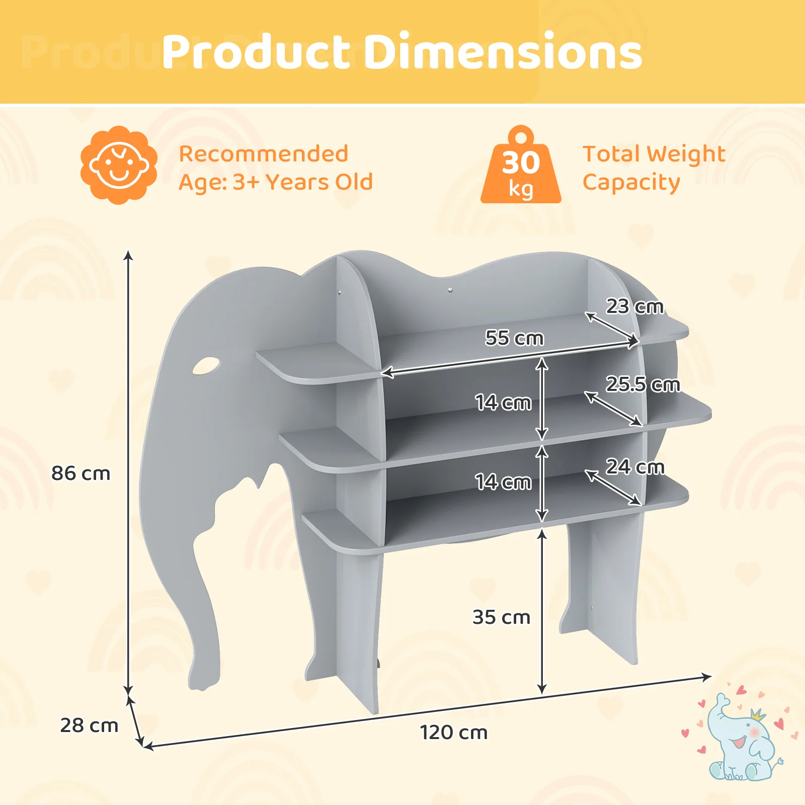 Elephant Kids Bookshelf, 3-Tier Toddler Bookcase for Toy Storage - Image 9