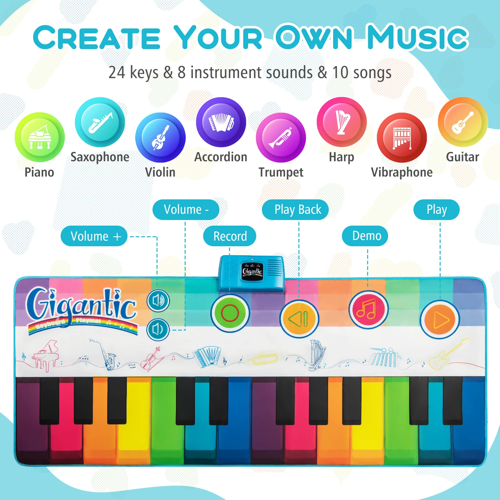 Floor Piano Dance Mat for Kids, Musical Playmat with 8 Instrument Sounds - Image 9