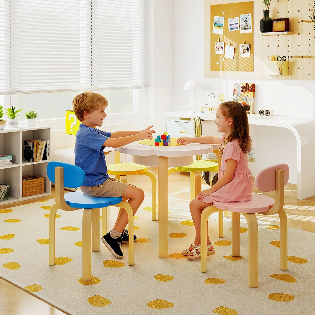 Flower-shaped Children Table Set with 4 Colorful Chairs and Stools - Image 2