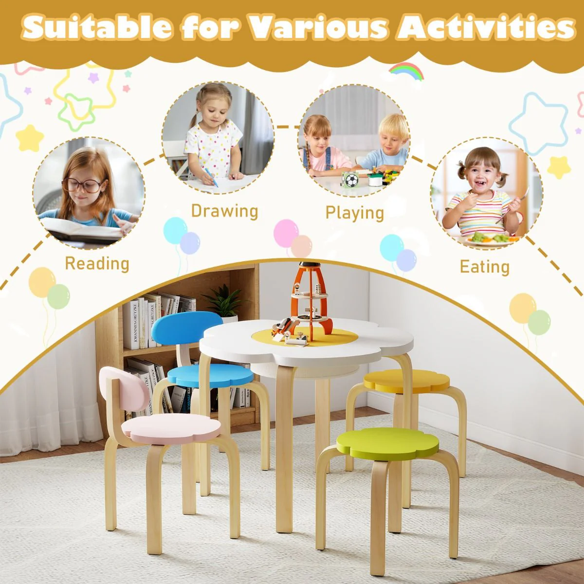 Flower-shaped Children Table Set with 4 Colorful Chairs and Stools - Image 4