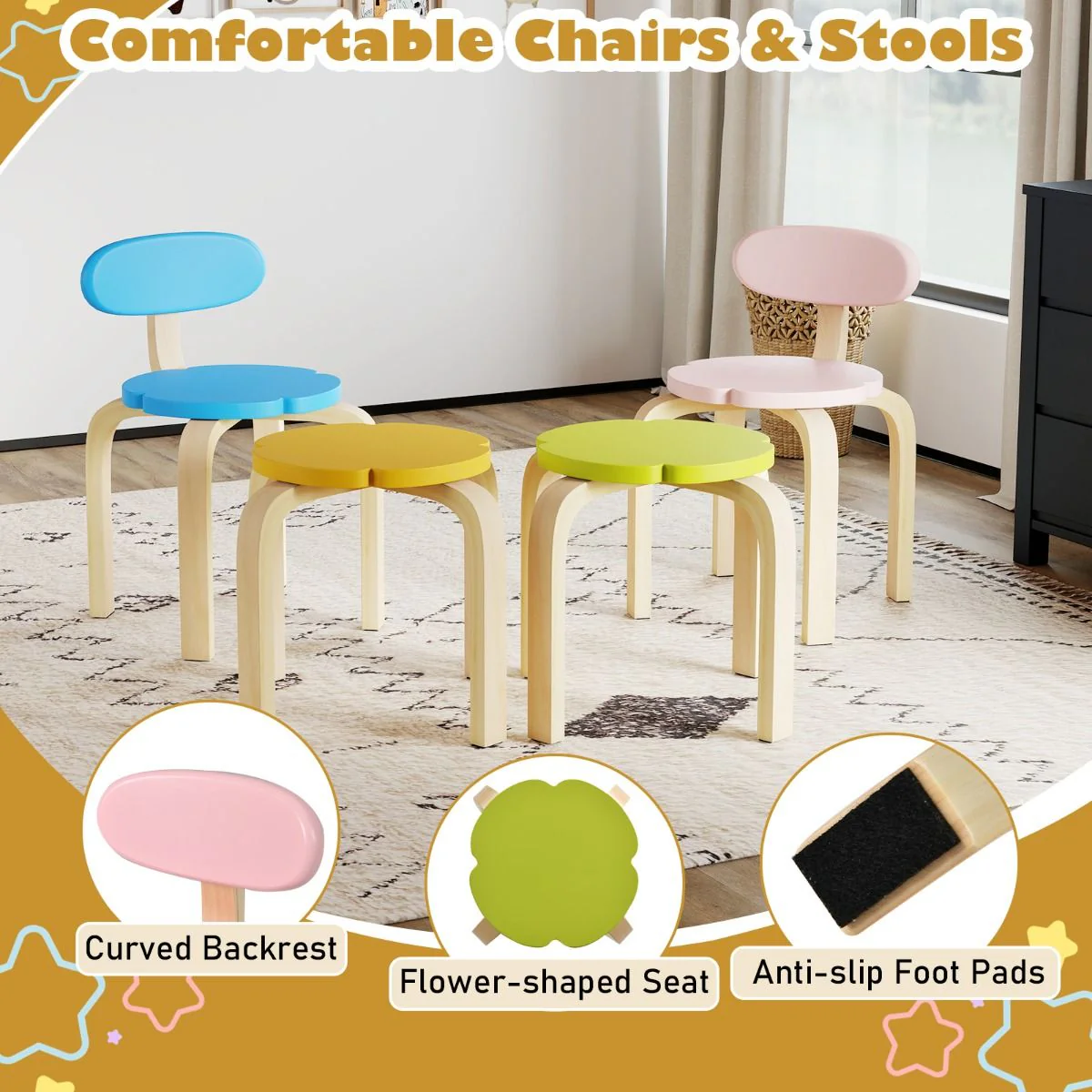 Flower-shaped Children Table Set with 4 Colorful Chairs and Stools - Image 6