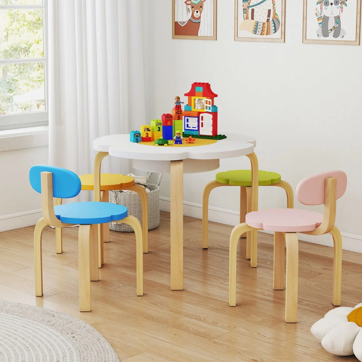 Flower-shaped Children Table Set with 4 Colorful Chairs and Stools - Image 8