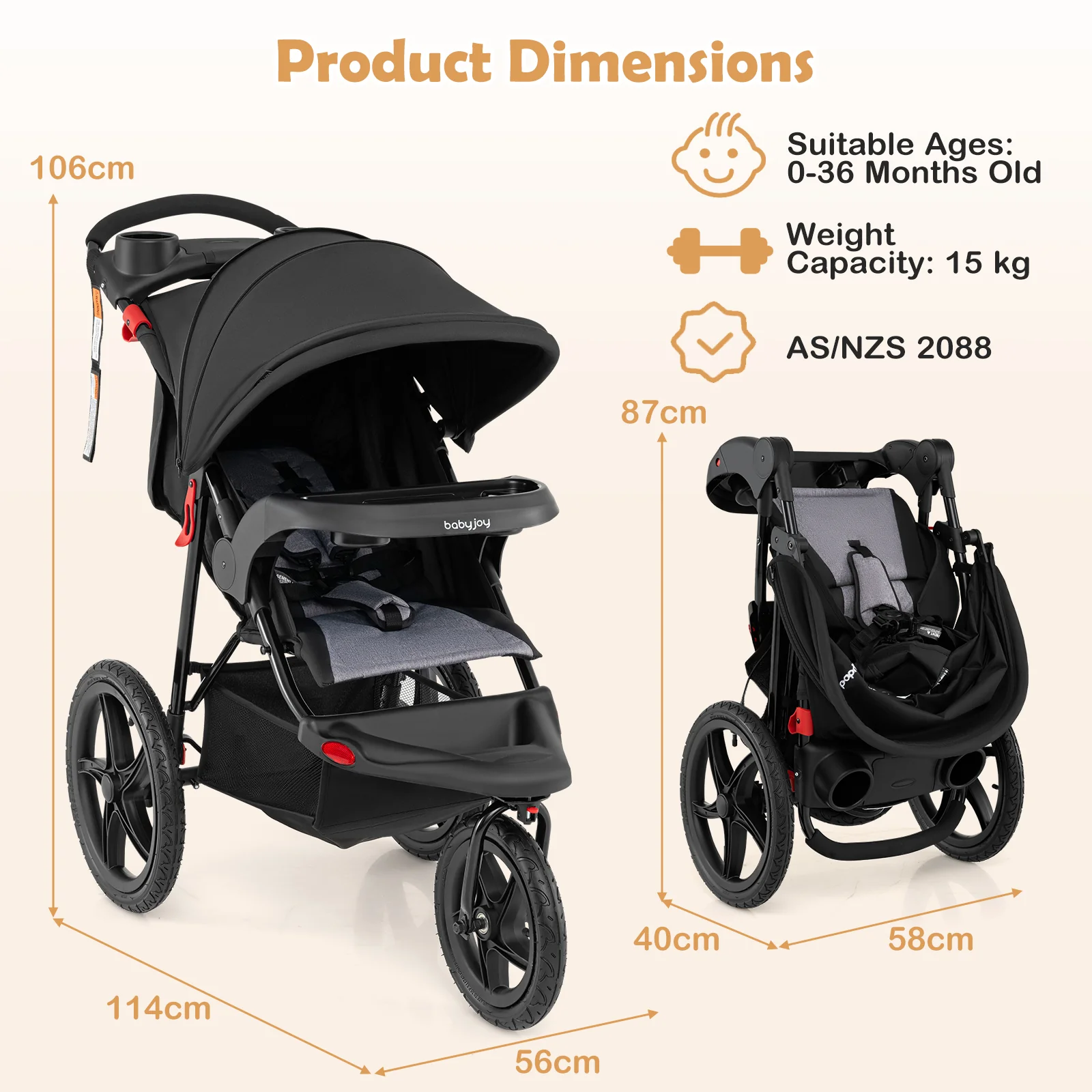 Foldable Jogger with Adjustable Canopy and Detachable Tray - Image 3