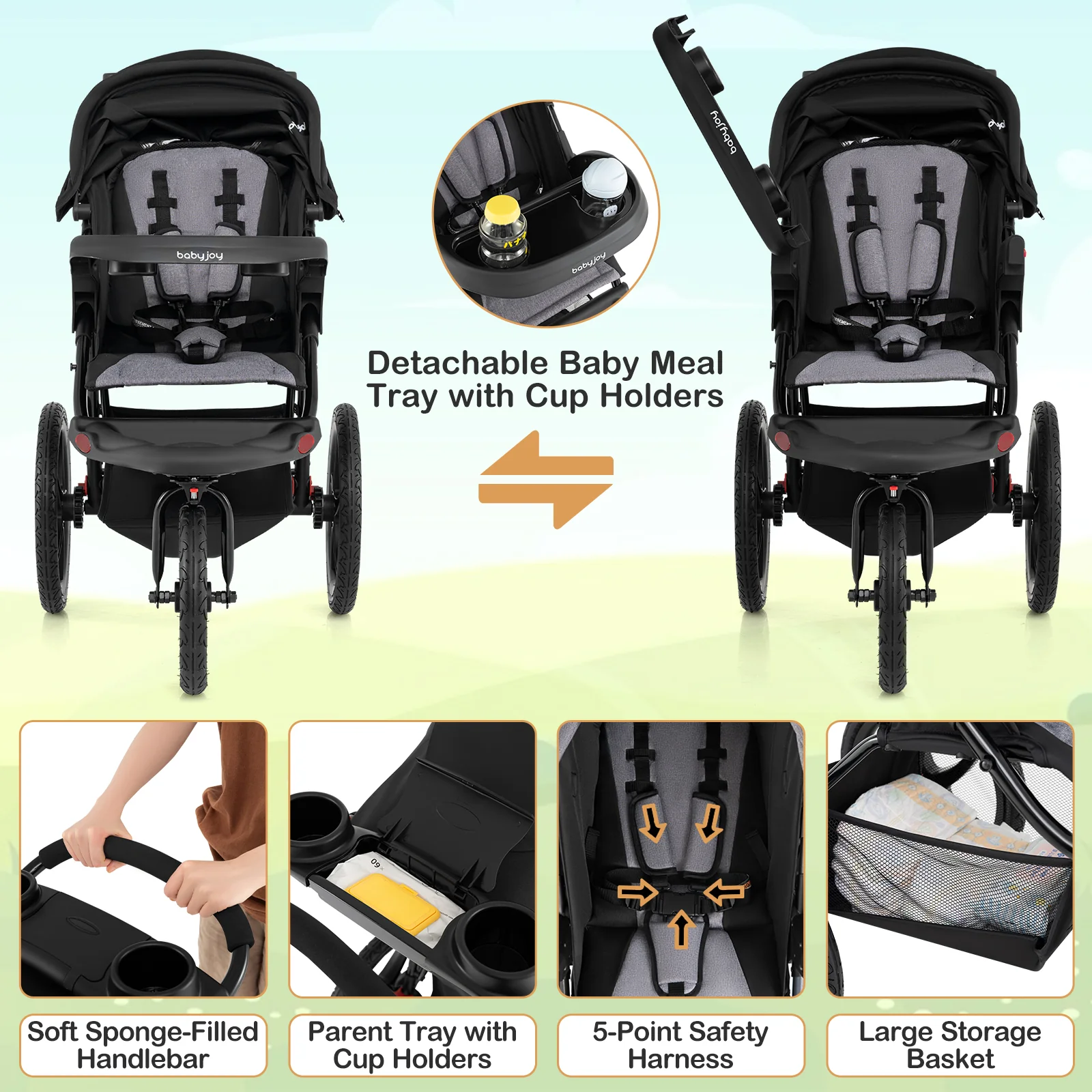 Foldable Jogger with Adjustable Canopy and Detachable Tray - Image 6