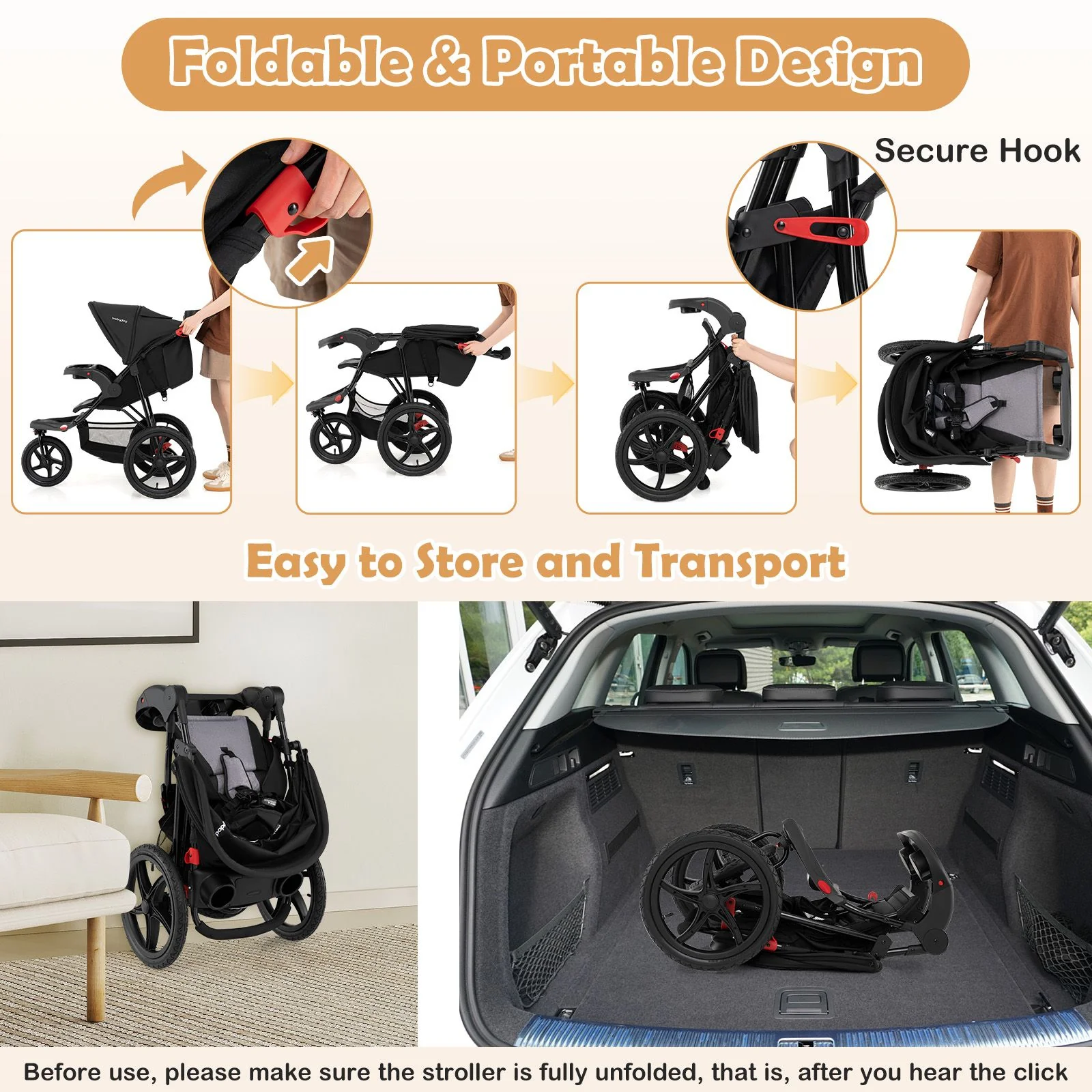 Foldable Jogger with Adjustable Canopy and Detachable Tray - Image 8