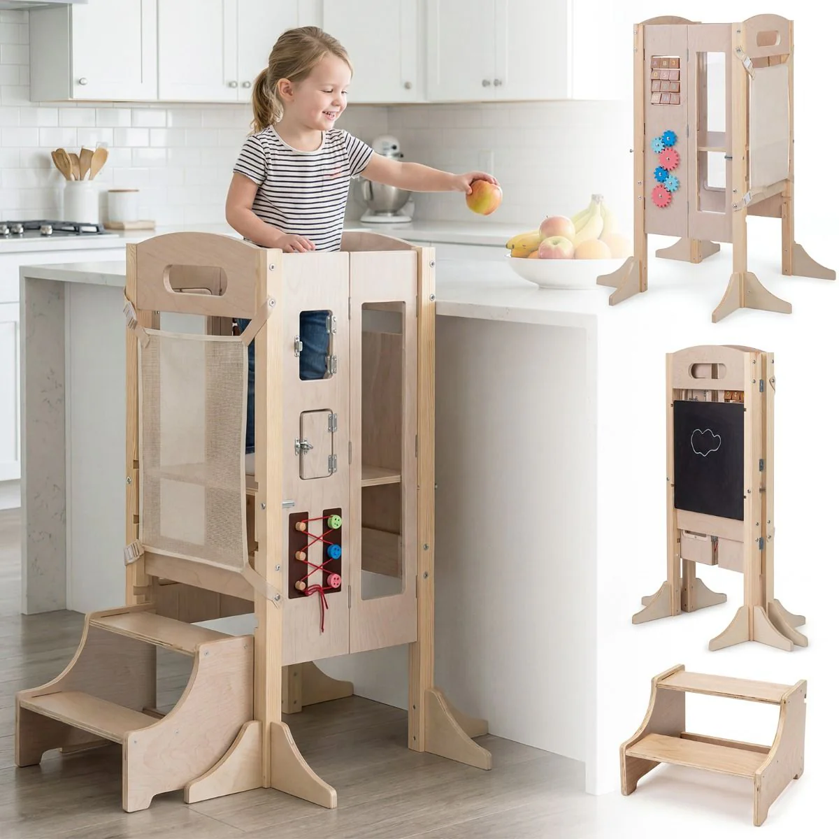 Foldable Learning Tower Toddler Tower with Adjustable Height and Detachable Safety Net