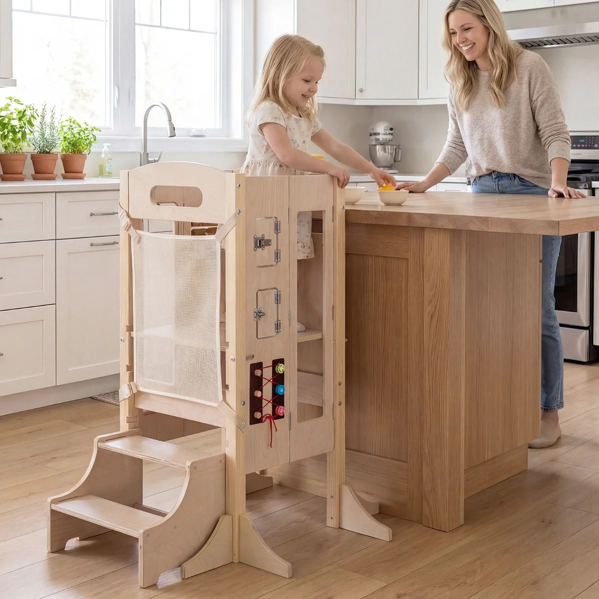 Foldable Learning Tower Toddler Tower with Adjustable Height and Detachable Safety Net - Image 2