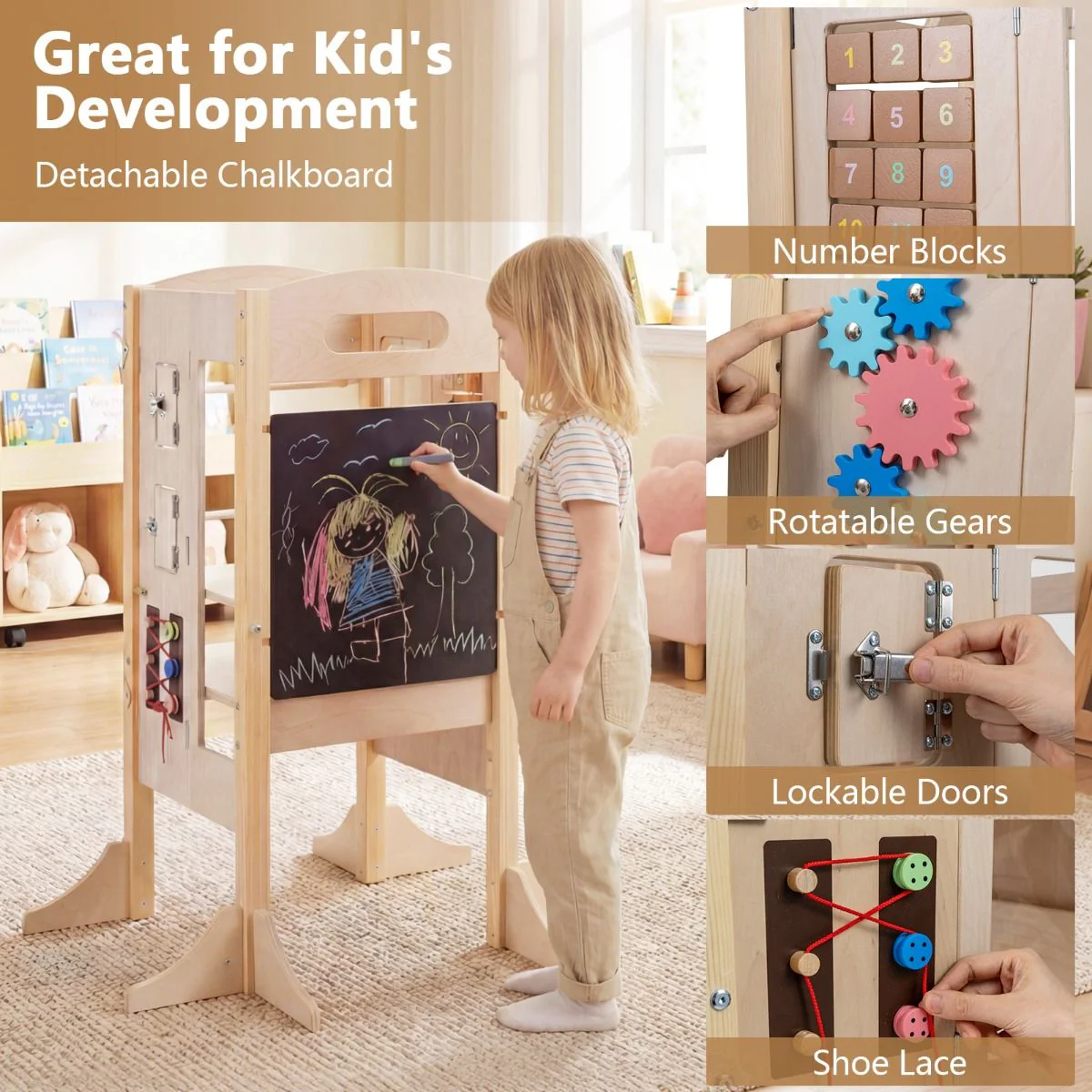 Foldable Learning Tower Toddler Tower with Adjustable Height and Detachable Safety Net - Image 4