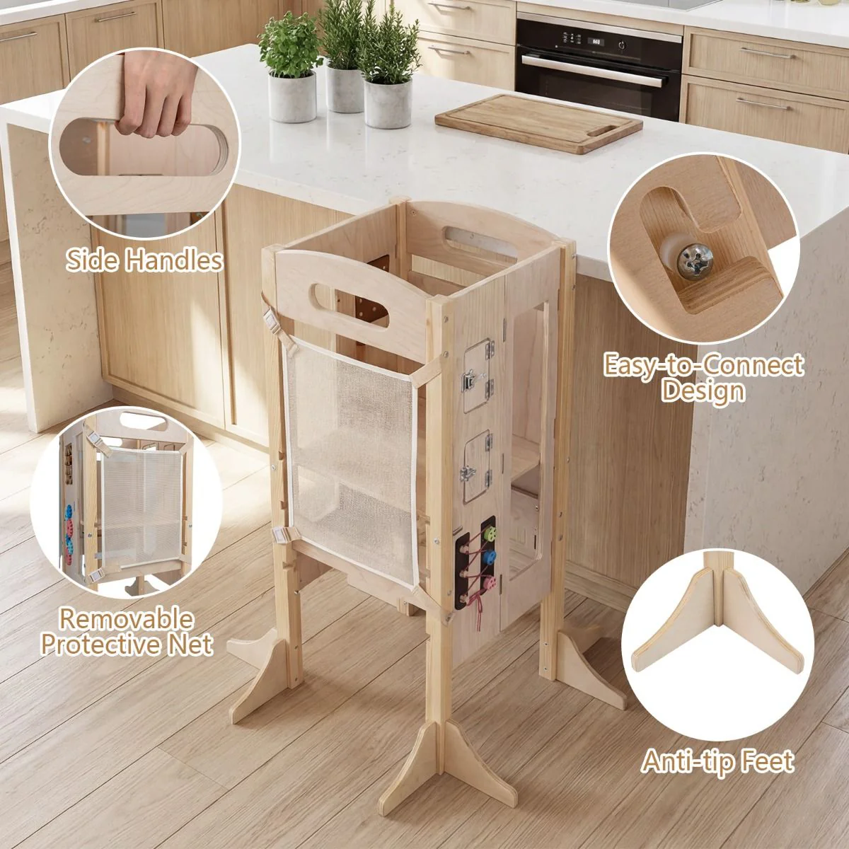 Foldable Learning Tower Toddler Tower with Adjustable Height and Detachable Safety Net - Image 6