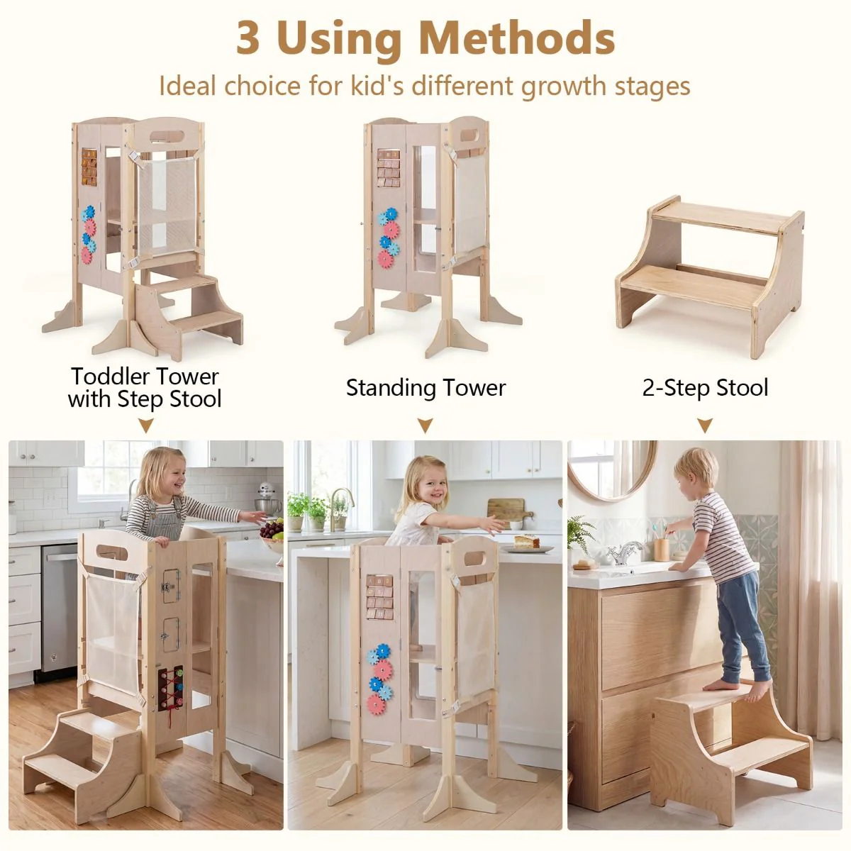 Foldable Learning Tower Toddler Tower with Adjustable Height and Detachable Safety Net - Image 7